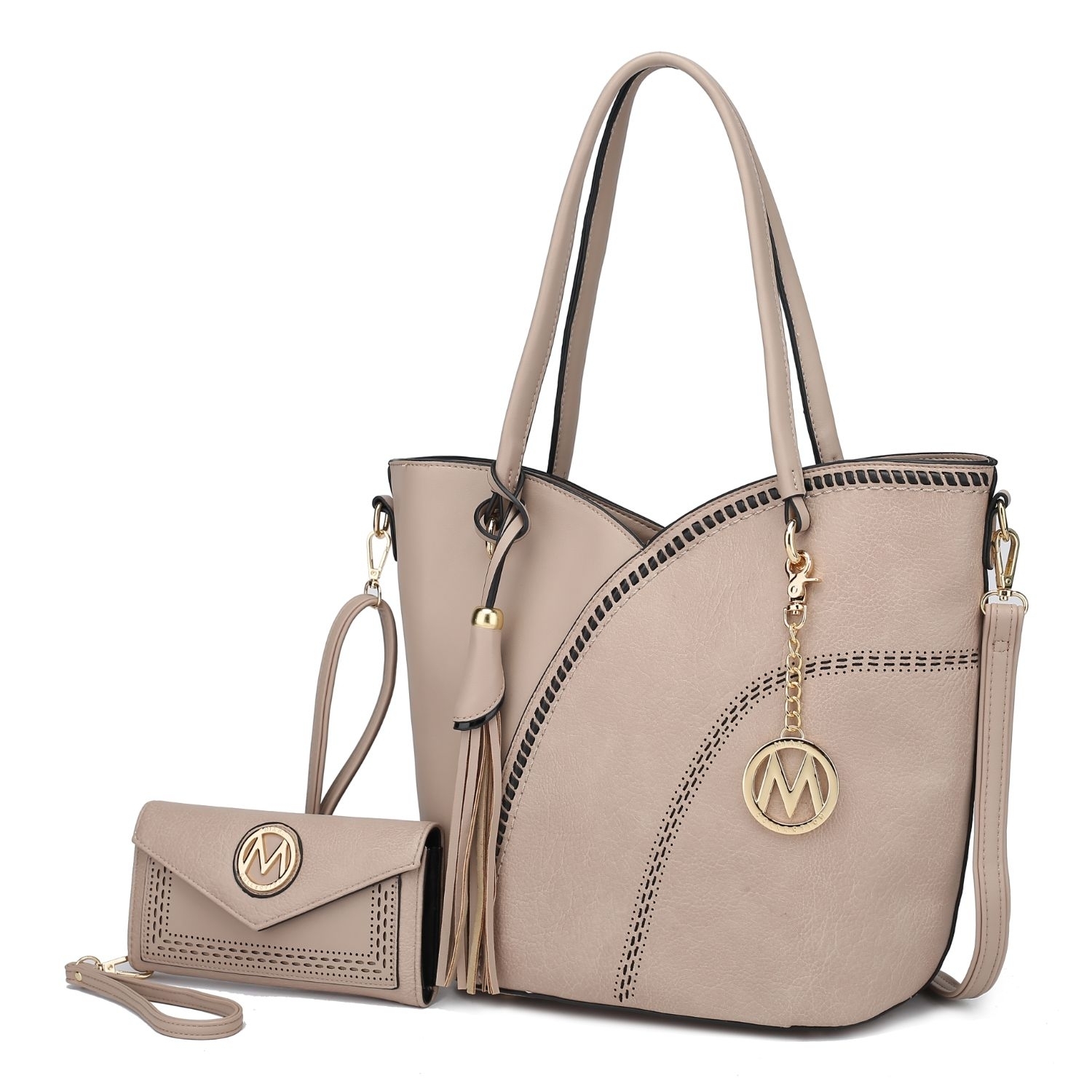 MKF Collection Imogene Two-tone Whip Stitches Vegan Leather Women’s Shoulder Bag With Wallet By Mia K- 2 Pieces - Taupe
