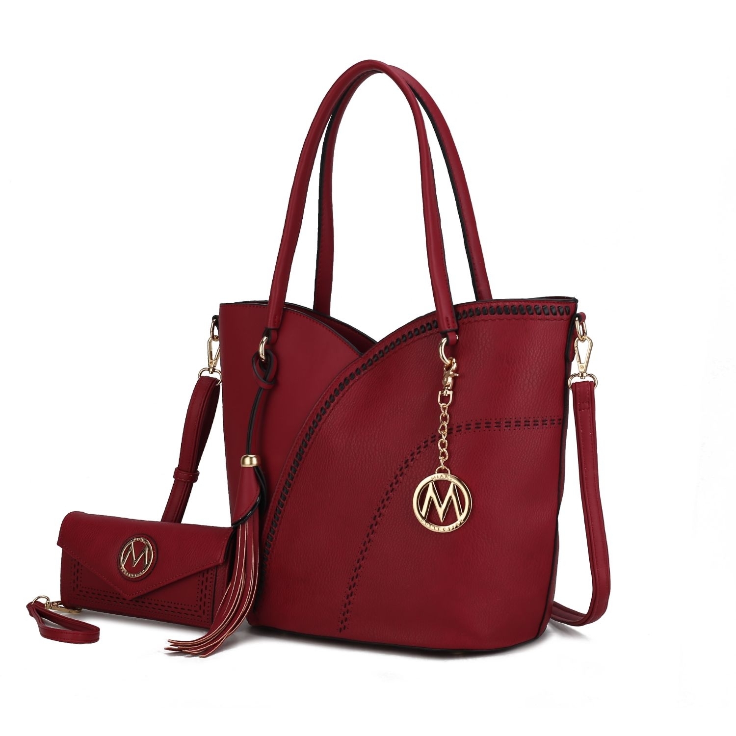 MKF Collection Imogene Two-tone Whip Stitches Vegan Leather Women’s Shoulder Bag With Wallet By Mia K- 2 Pieces - Red Wine