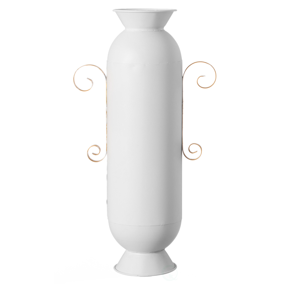 Decorative White Metal Floor Vase With 2 Gold Handles For Entryway, Living Room Or Dining Room
