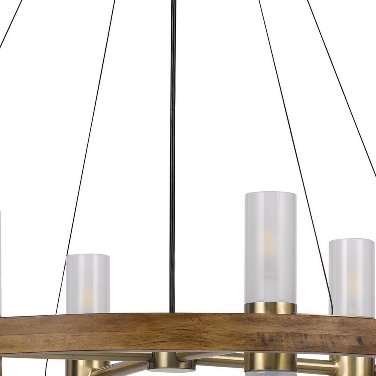 32 Inch Dia. Chandelier, Round Outer Frame, 4 Frosted Glass Shades, Brass- Saltoro Sherpi