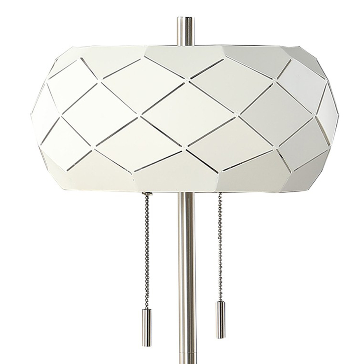 28 Inch Accent Table Lamp, Geometric Drum Shade, Metal Base, White, Silver- Saltoro Sherpi