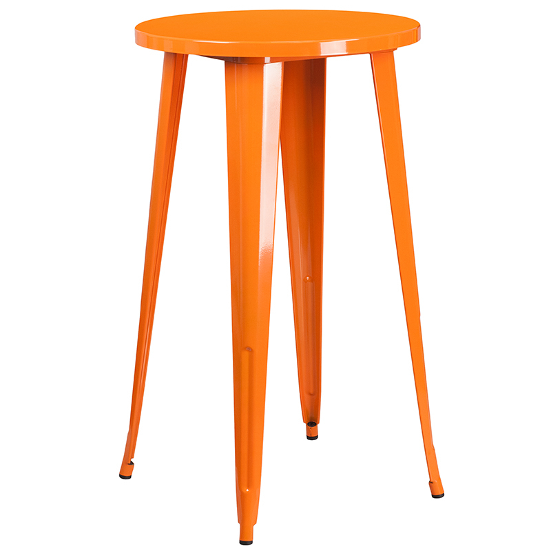 Commercial Grade 24 Round Orange Metal Indoor-Outdoor Bar Table Set With 4 Vertical Slat Back Stools