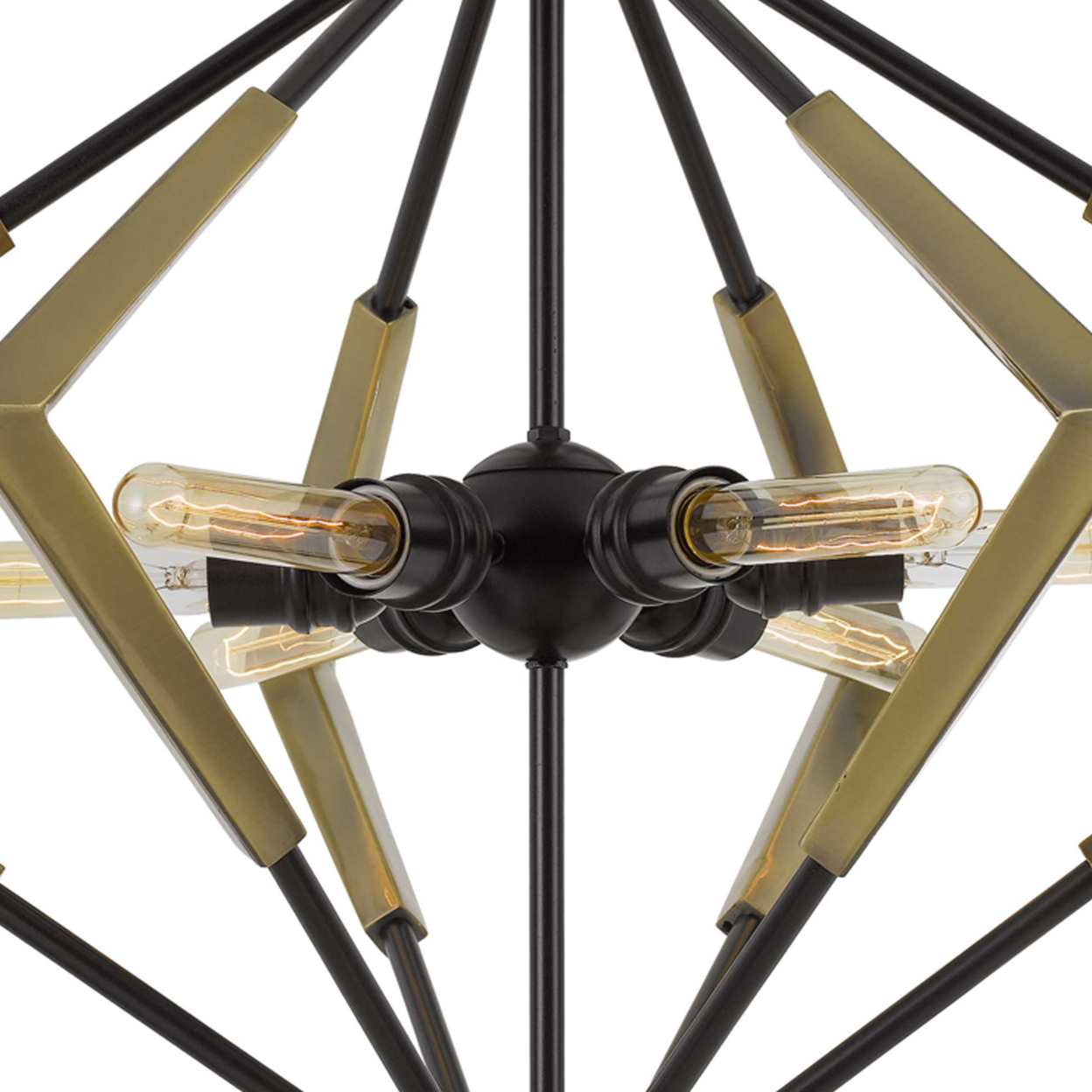 32 Inch Geometric Metal Frame Chandelier, Chain, Bulbs, Black And Gold- Saltoro Sherpi