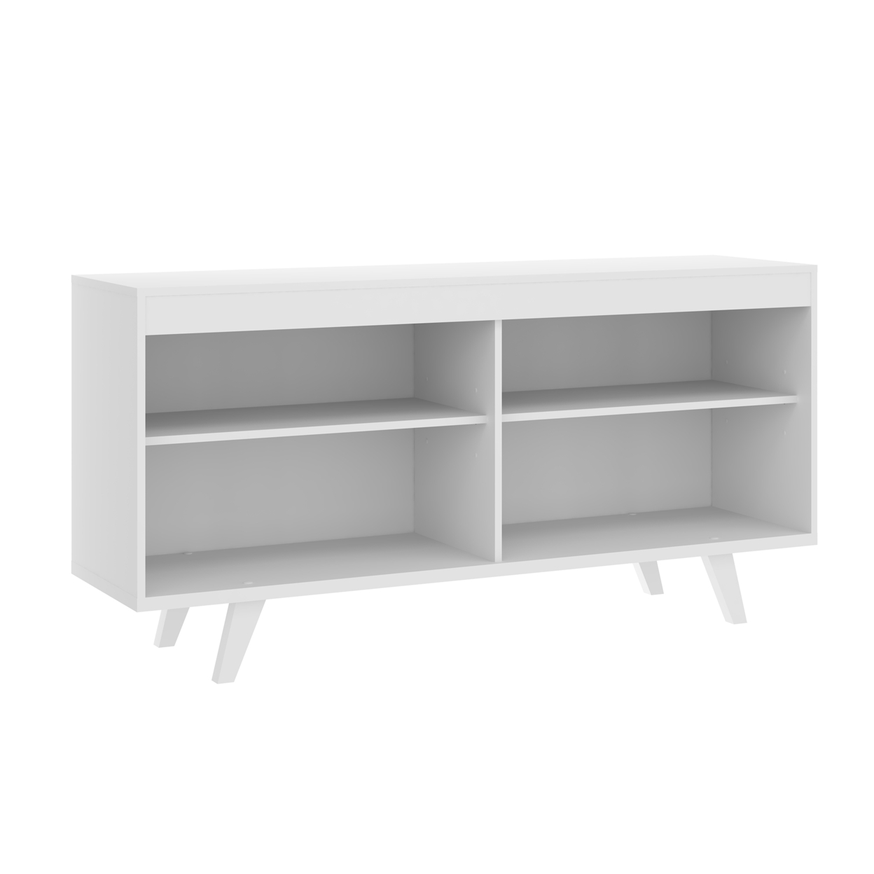 58 Inch Handcrafted Wood TV Media Entertainment Center Console, 4 Open Compartments, Angled Legs, White, Saltoro Sherpi