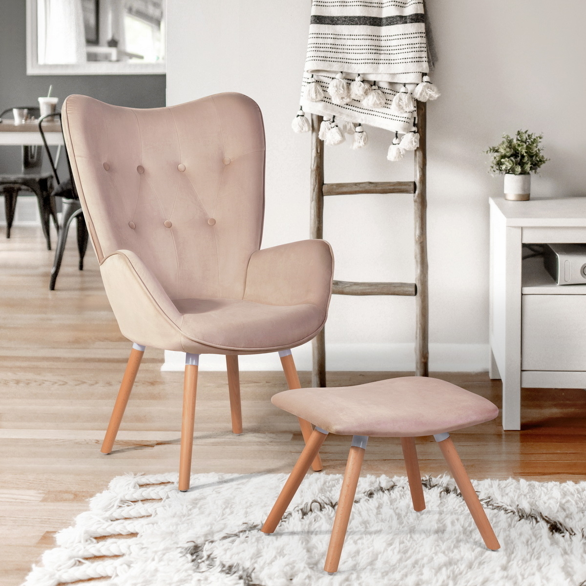 26.6 Inch Wide Tufted Balloon Chair and Ottoman In Blush