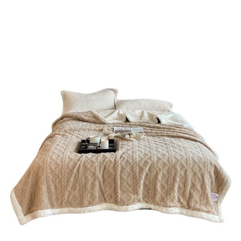 Jacquard Shaggy Weft Knitted Flannel Blanket - Khaki, 180*200cm - 180*200cm beige