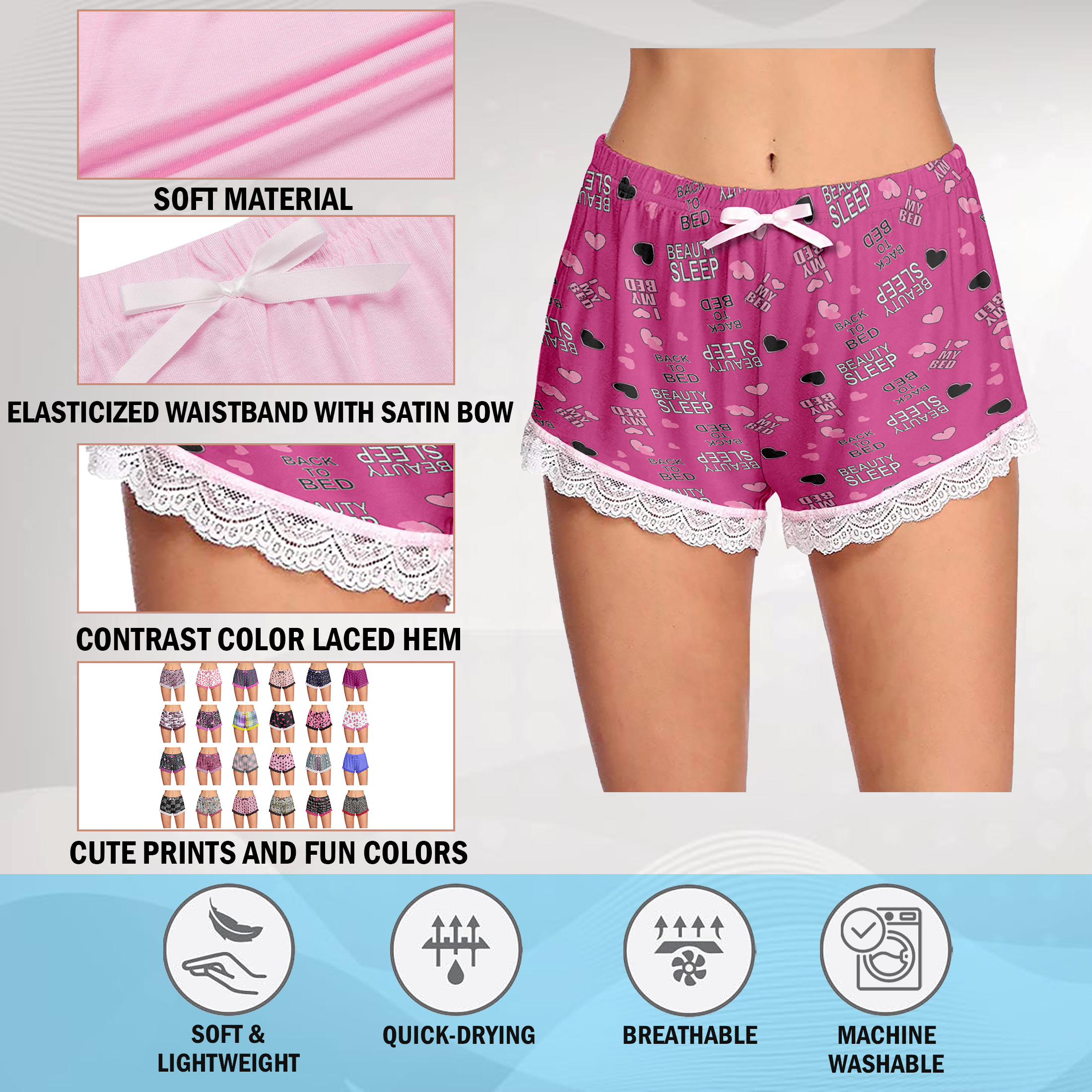 5-Pack: Women's Comfy Laced Hem Lounge Sleep Pajama Shorts - Small
