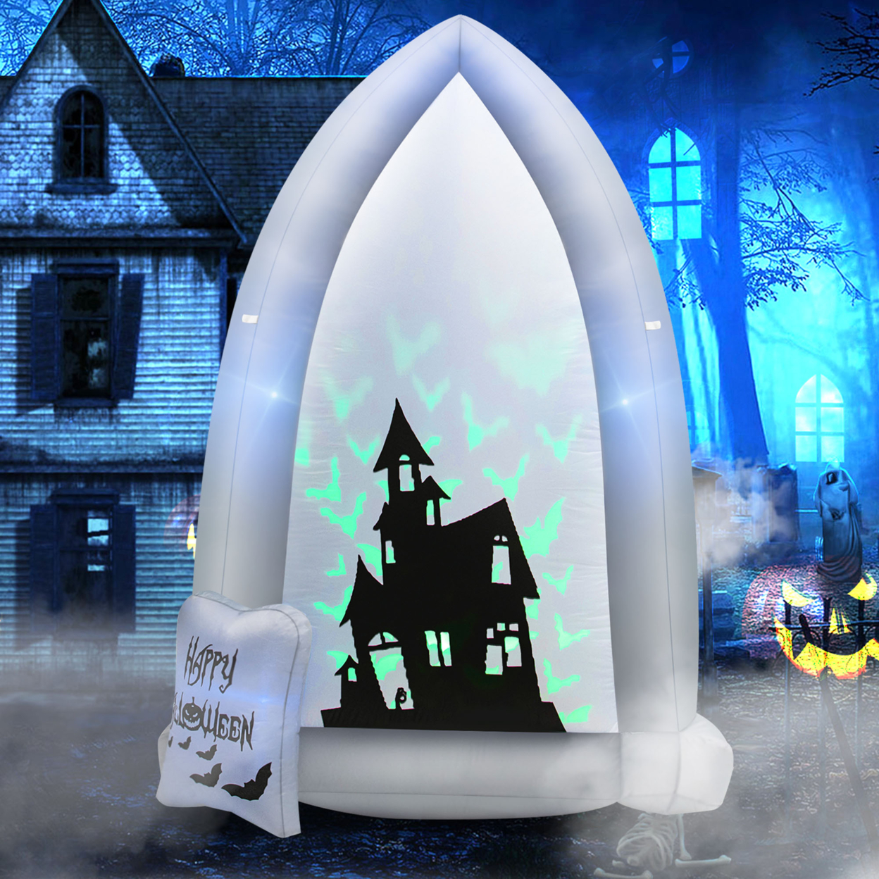 7' Halloween Outdoor Inflatable Headstone Blow Up W/ Built-in Bat Lamp