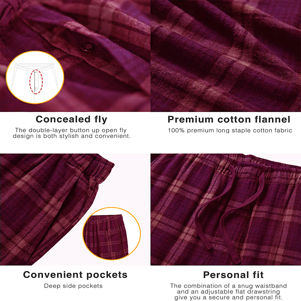 Men's Soft 100% Cotton Flannel Plaid Lounge Pajama Sleep Pants - 3-Pack, Medium