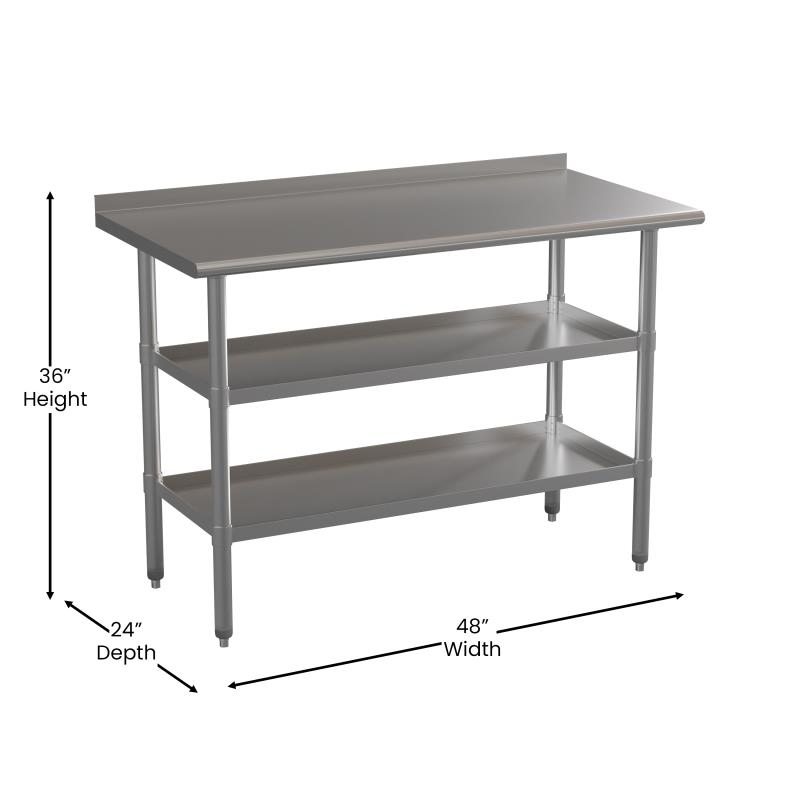 Stainless Steel 18 Gauge Work Table With 1.5 Backsplash And 2 Undershelves - 48W X 24D X 36H, NSF