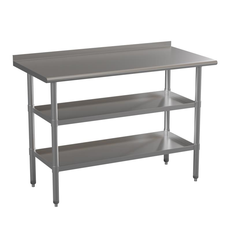Stainless Steel 18 Gauge Work Table With 1.5 Backsplash And 2 Undershelves - 48W X 24D X 36H, NSF