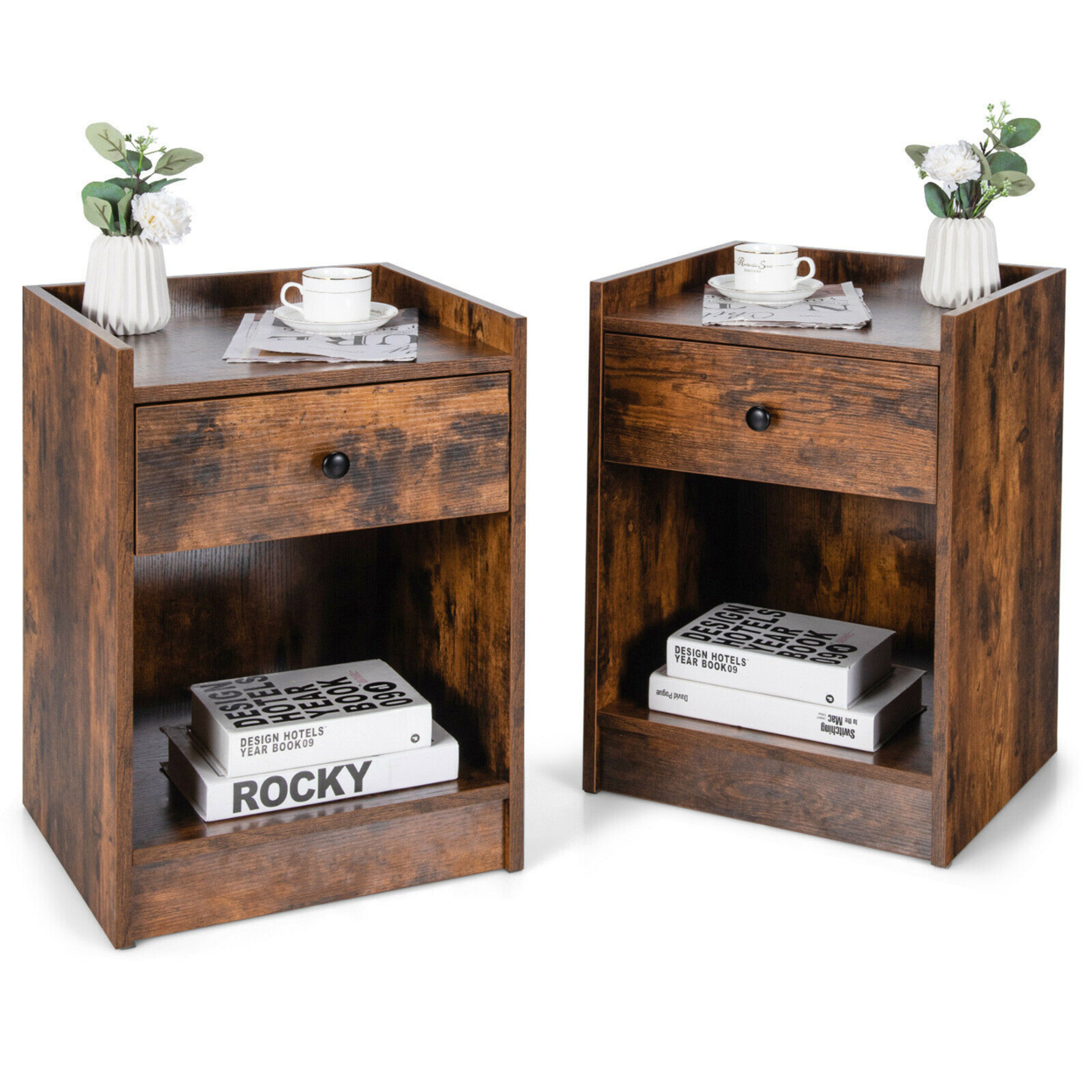 Set Of 2 Nightstand With Drawer Cabinet End Side Table Raised Top - Rustic Brown