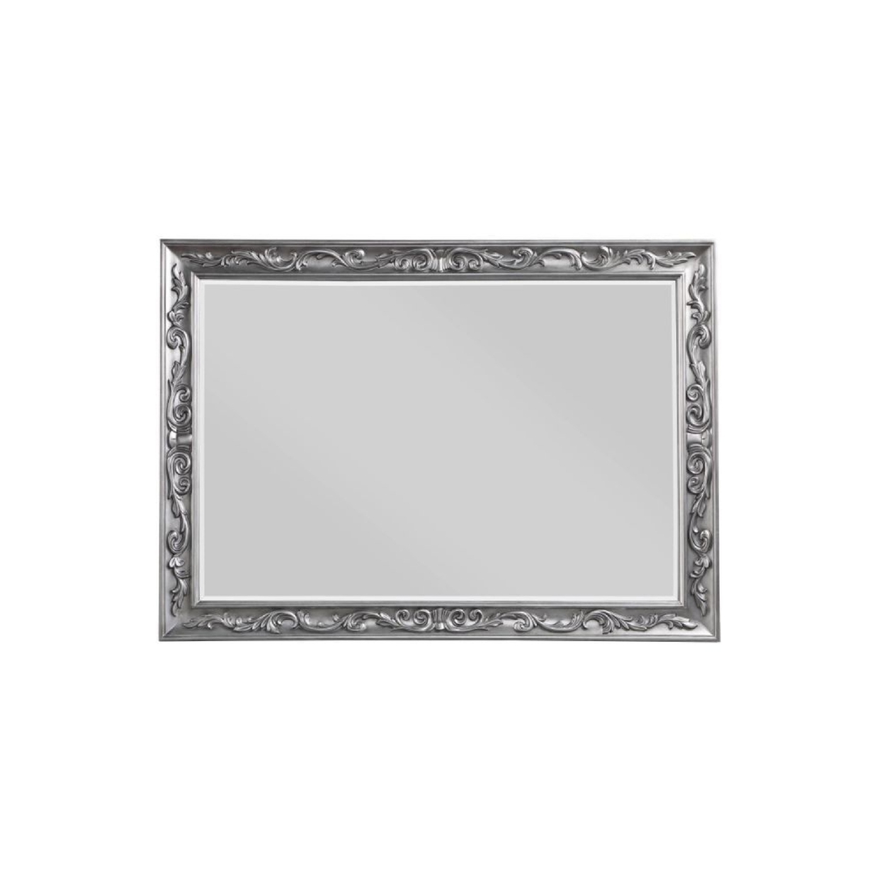 55 Inch Wood Mirror, Raised Scroll Floral Trim, Beveled, Silver- Saltoro Sherpi