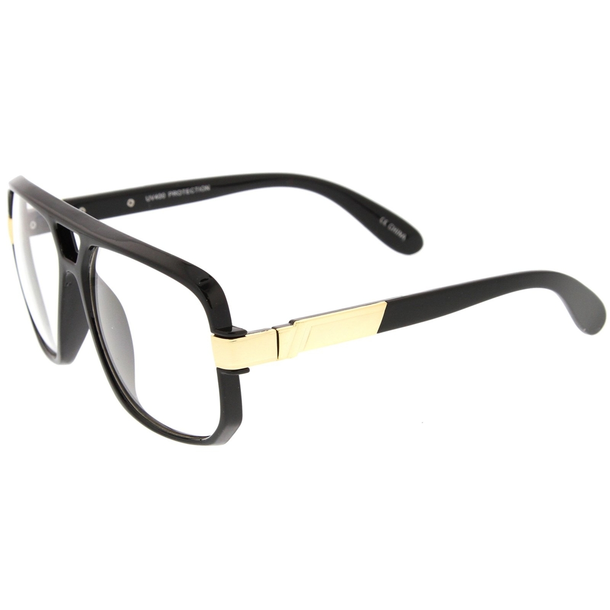 Classic Flat Top Metal Accented Temples Clear Lens Square Aviator Glasses 56mm - Shiny Black-Gold / Clear
