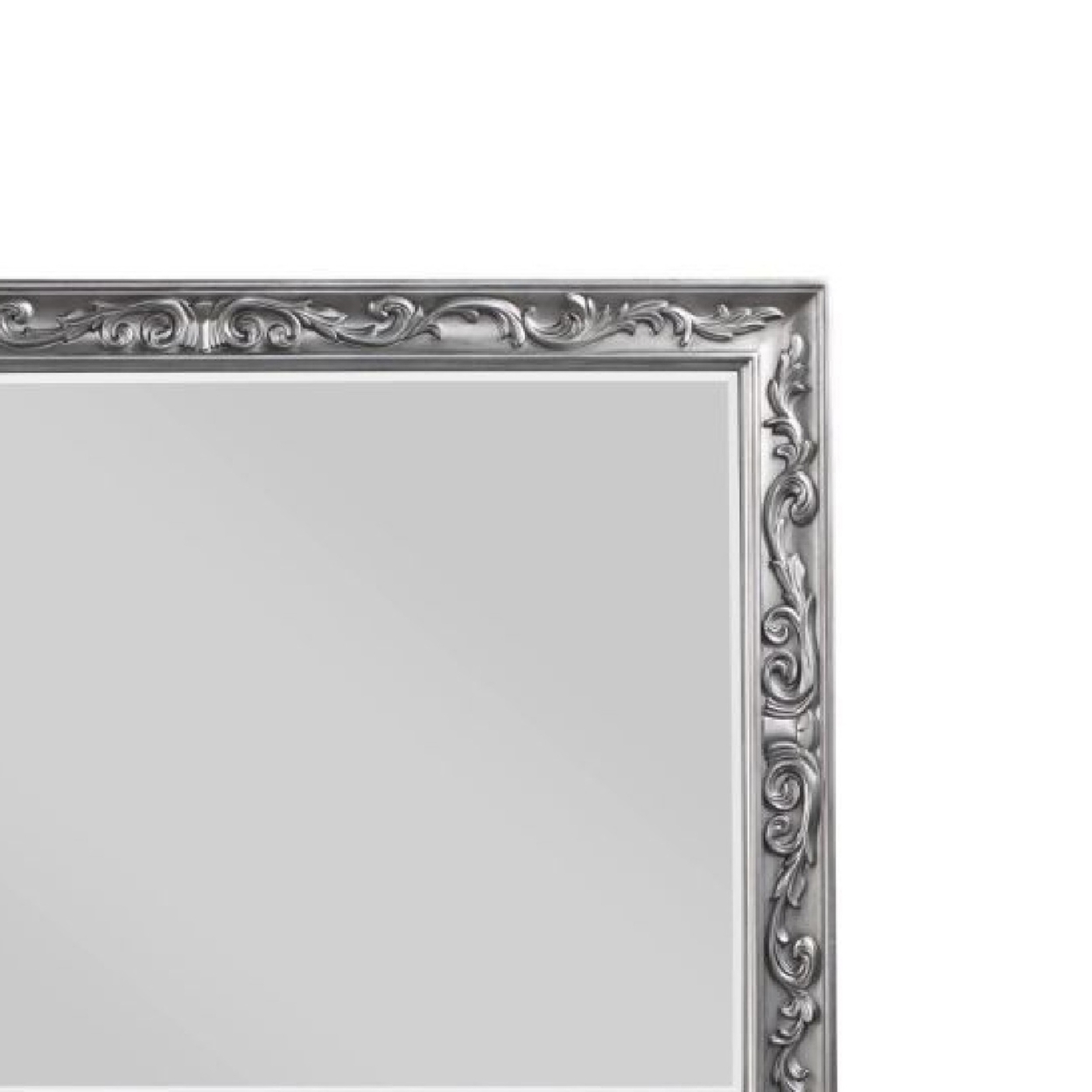 55 Inch Wood Mirror, Raised Scroll Floral Trim, Beveled, Silver- Saltoro Sherpi