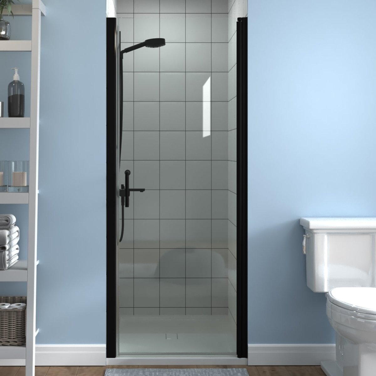 ES-DIY 30-31.5 In. W X 72 In. H Pivot Shower Door Frameless Matte Black Hinged Glass Shower Door With Handle - Chrome