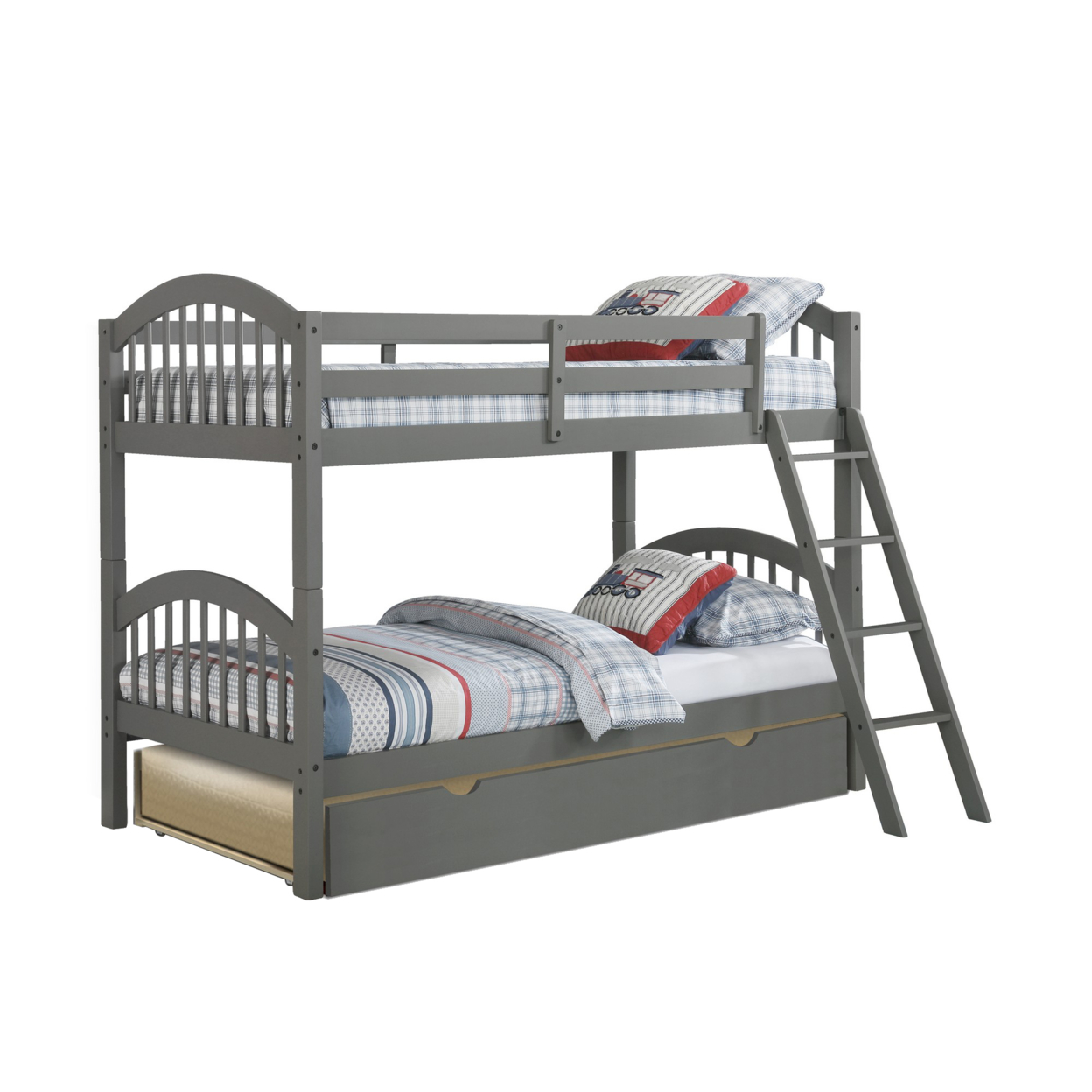 Diana Modern Wood Twin Bunk Beds With Trundle, Slatted Arch Headboard, Gray- Saltoro Sherpi