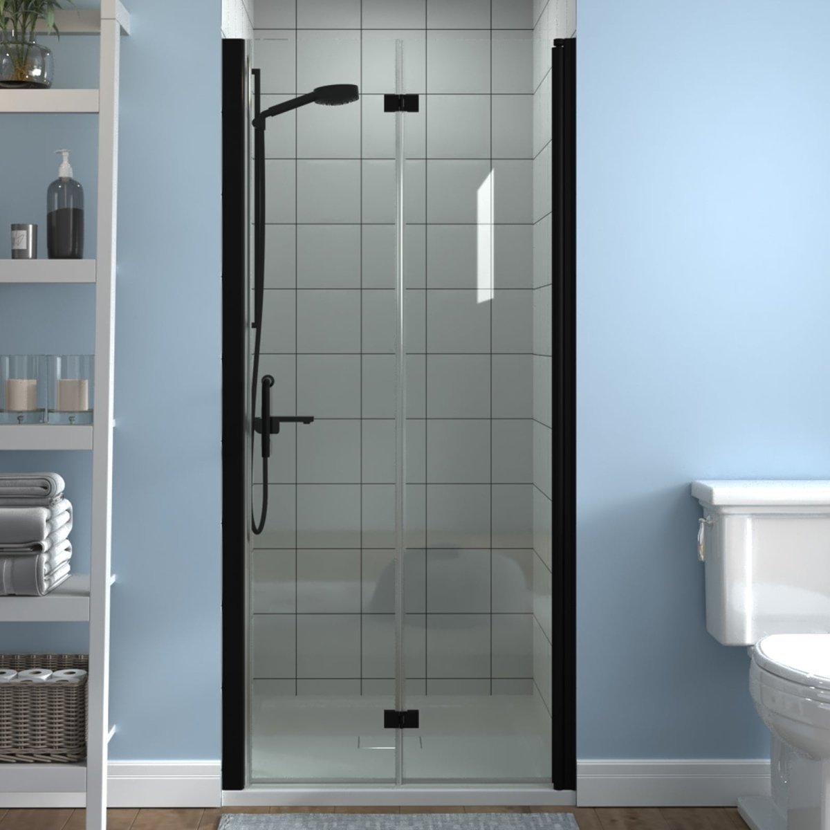 ES-DIY 34-35.5 x 72 inch Folding Frameless Swing Hinged Shower Doors in Black - Black