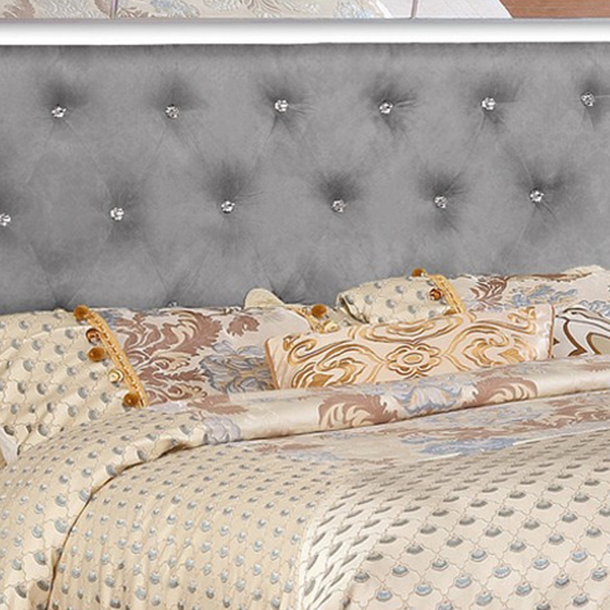 Eli Crystal Tufted Queen Bed, LED, Mirror Inlays, Wood, Gray Velvet, Silver- Saltoro Sherpi
