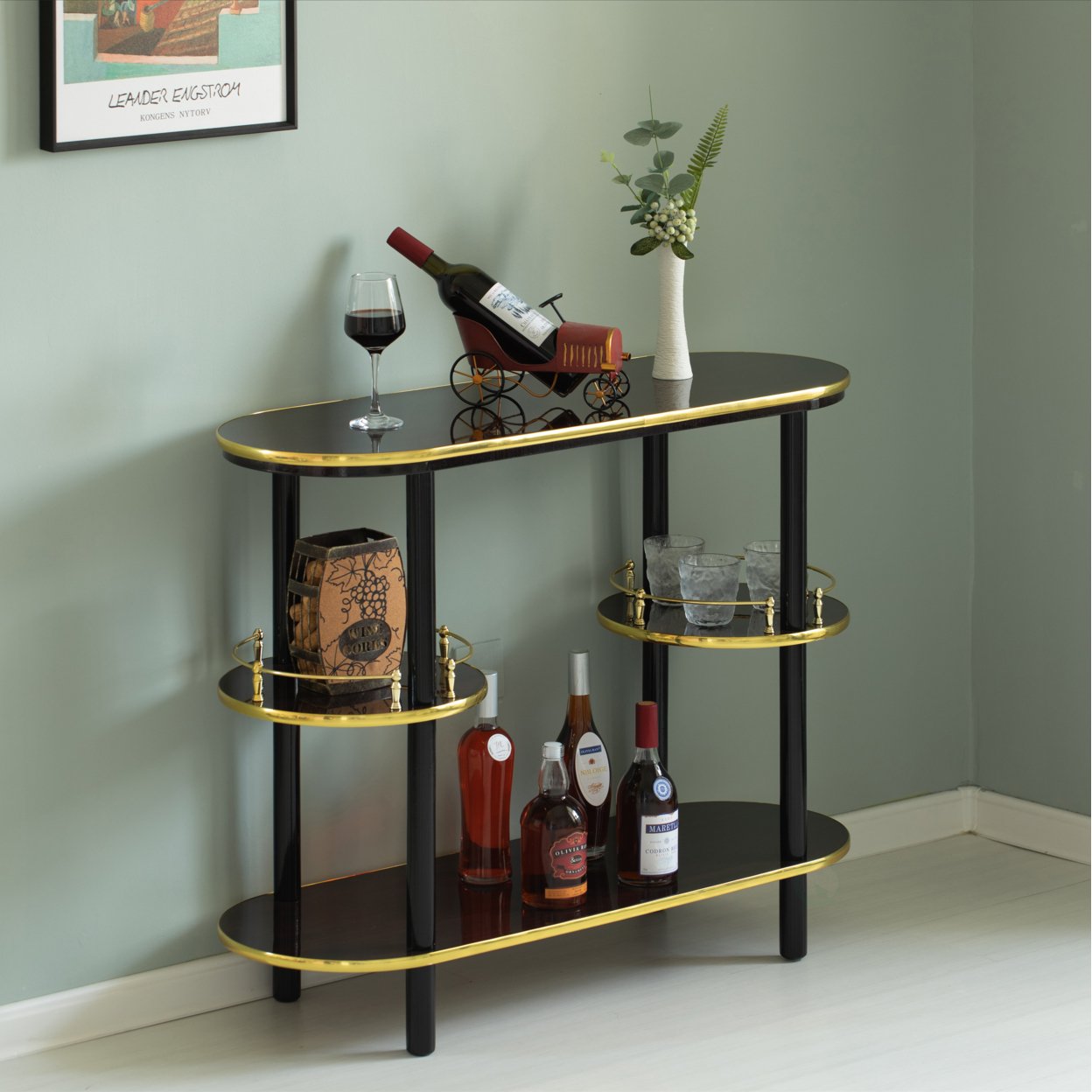 Modern Display Wooden Console Bar With Tiered Open Shelves, Mini Bar With Wine Storage - Brown