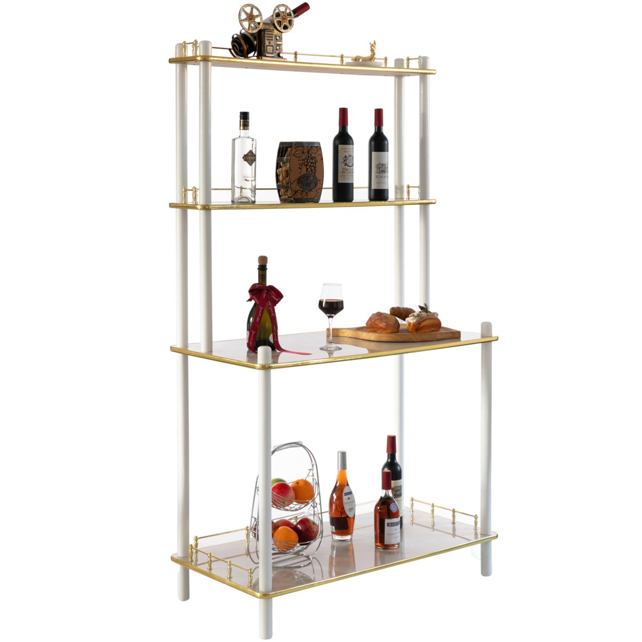 Modern Display Wooden Console Bar Serving Table With 4 Tiered Open Shelves, For Bartender, Kitchen Or Wine Caller Room - White