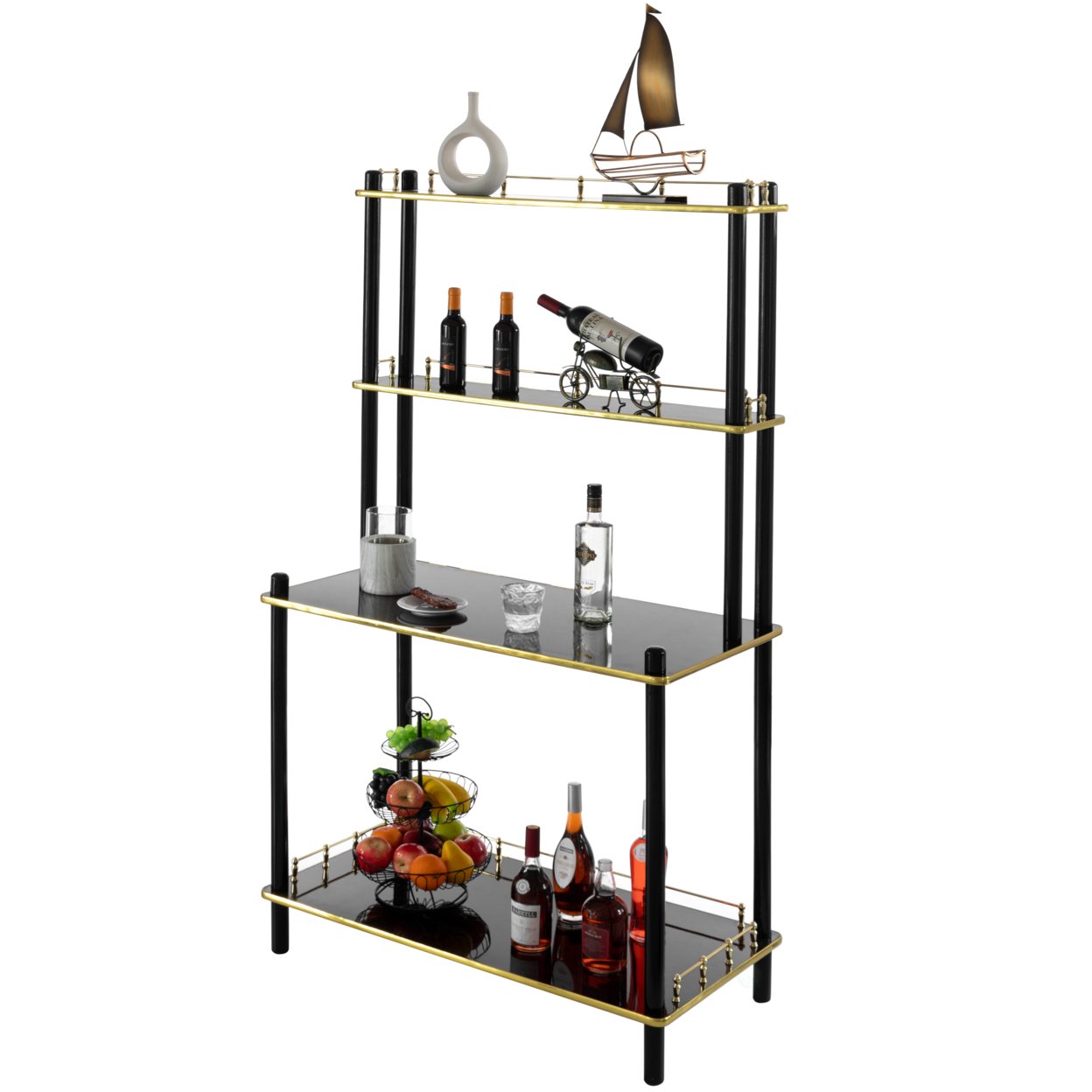 Modern Display Wooden Console Bar Serving Table With 4 Tiered Open Shelves, For Bartender, Kitchen Or Wine Caller Room - Brown