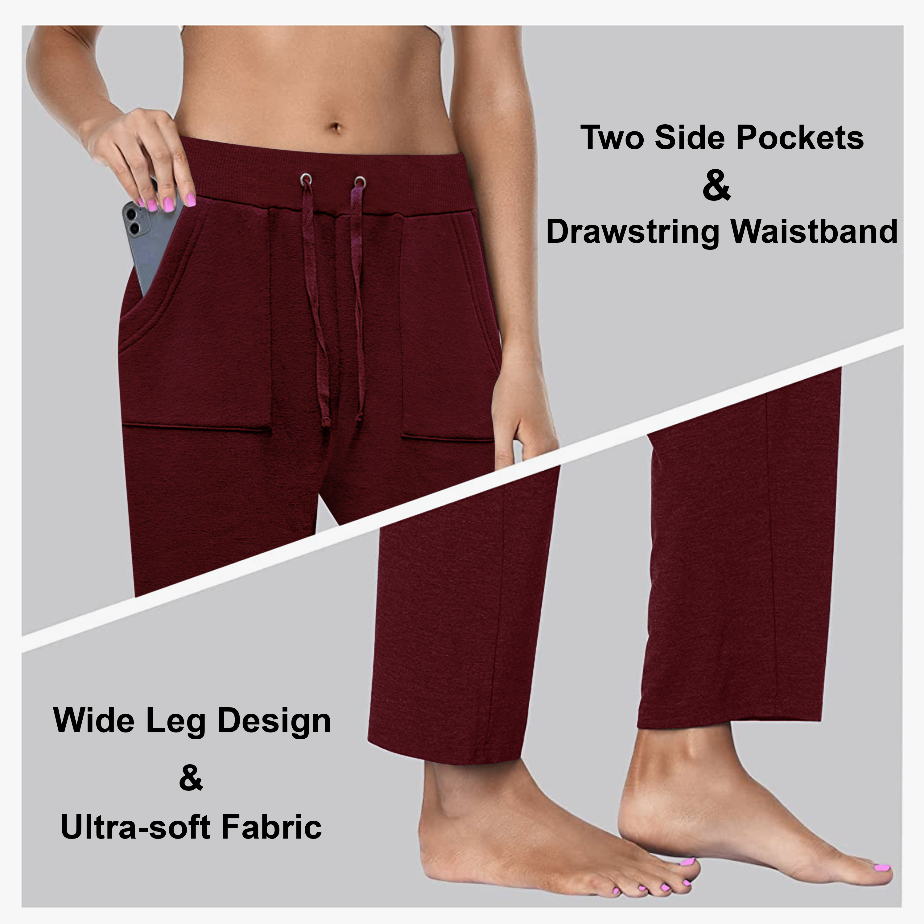 Women's Soft Fleece Lined Elastic Waistband Pants With Pockets - M