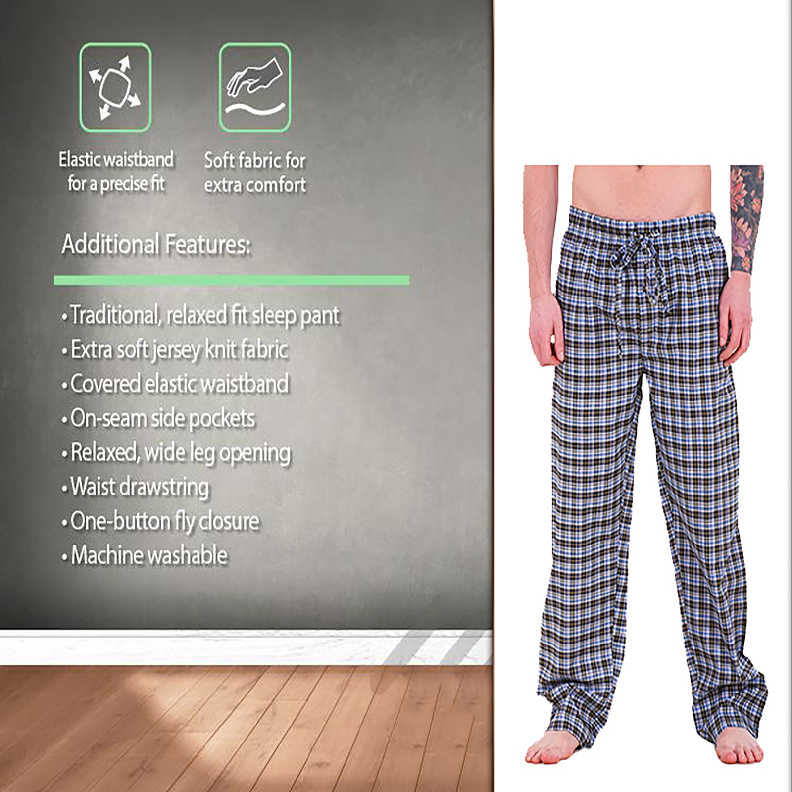 3-Pack: Men's Soft Jersey Knit Long Lounge Sleep Pants With Pockets - Plaid, Small