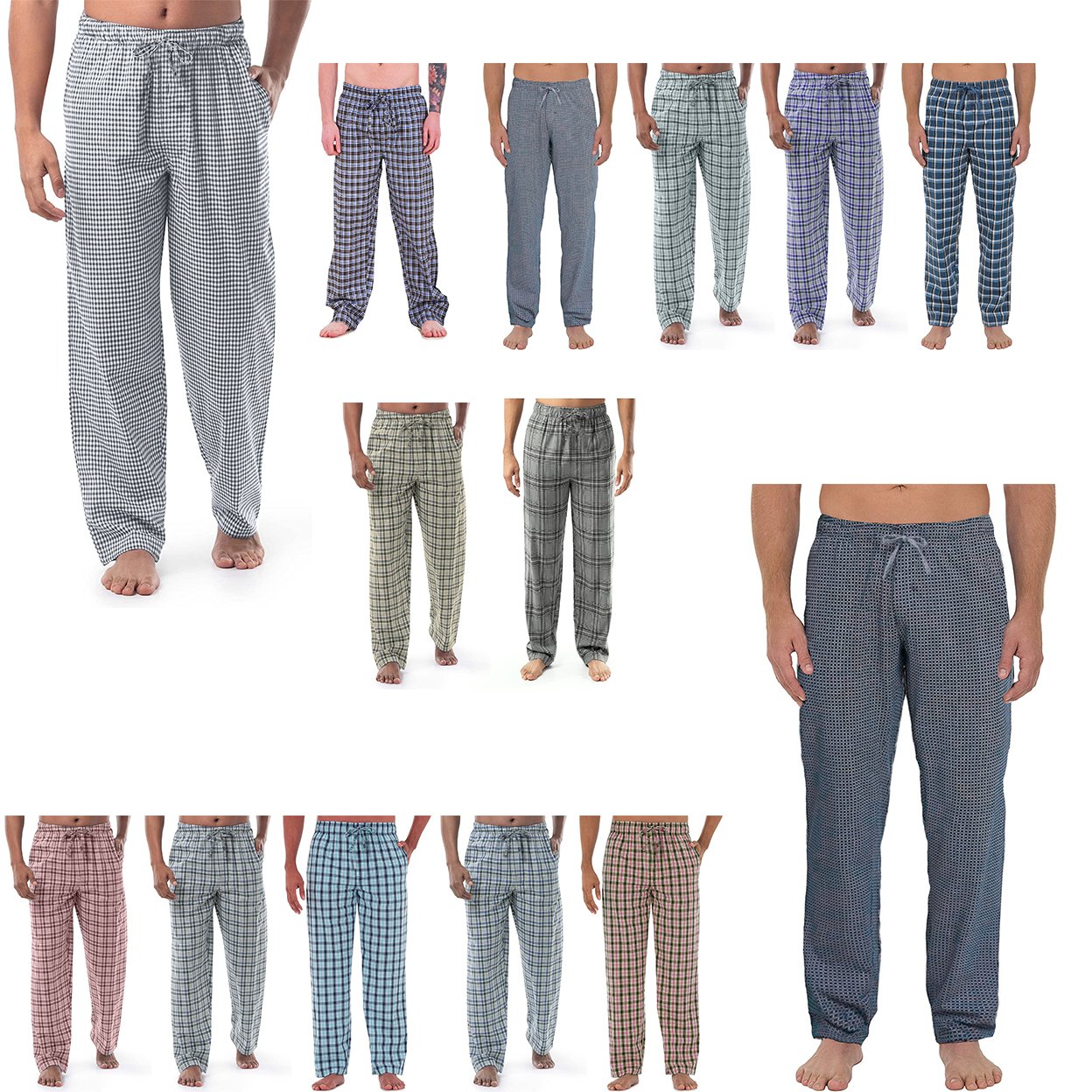 3-Pack: Men's Soft Jersey Knit Long Lounge Sleep Pants With Pockets - Plaid, Small