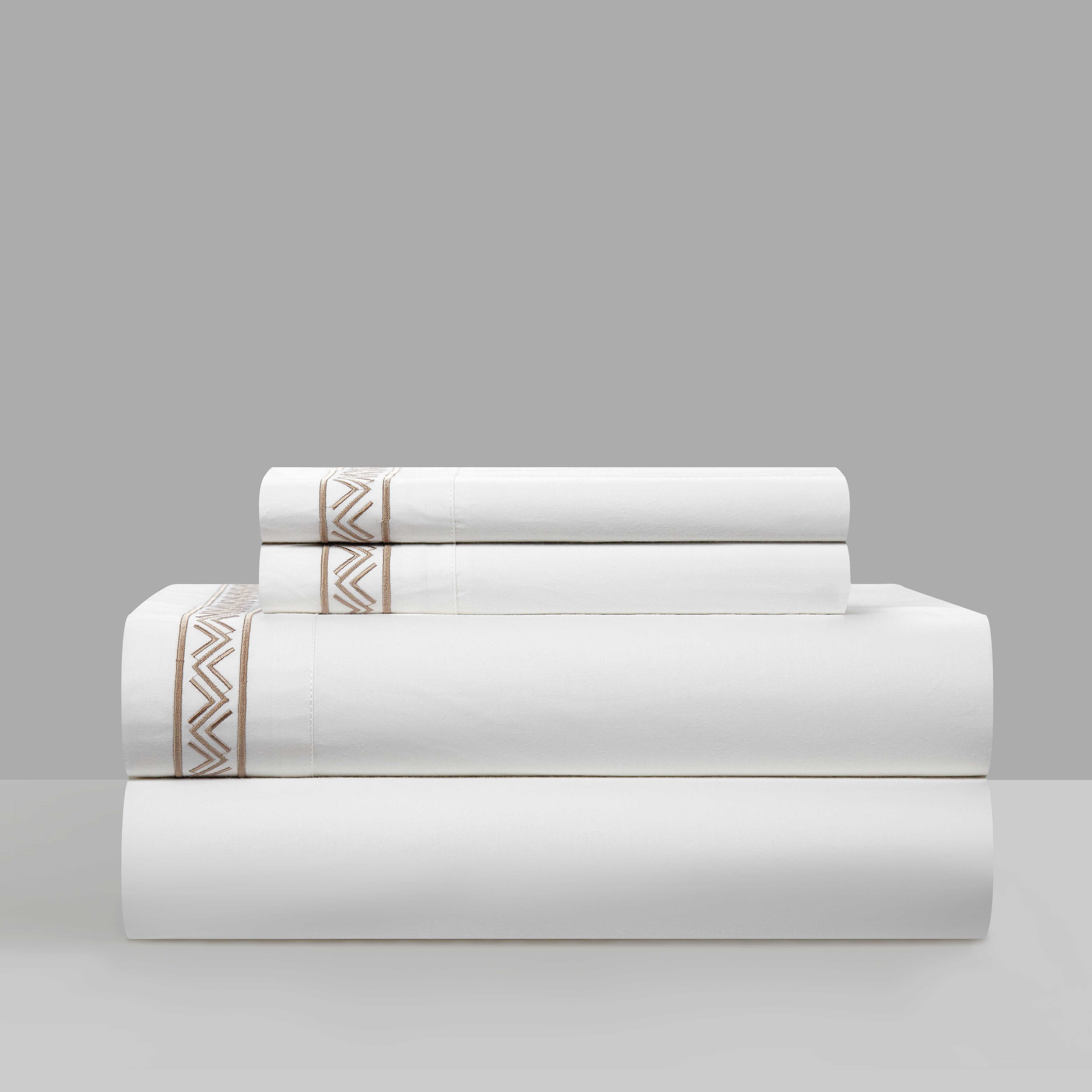 4 Piece Orden Organic Cotton Sheet Set Solid White With Dual Stripe Embroidery - Beige, King