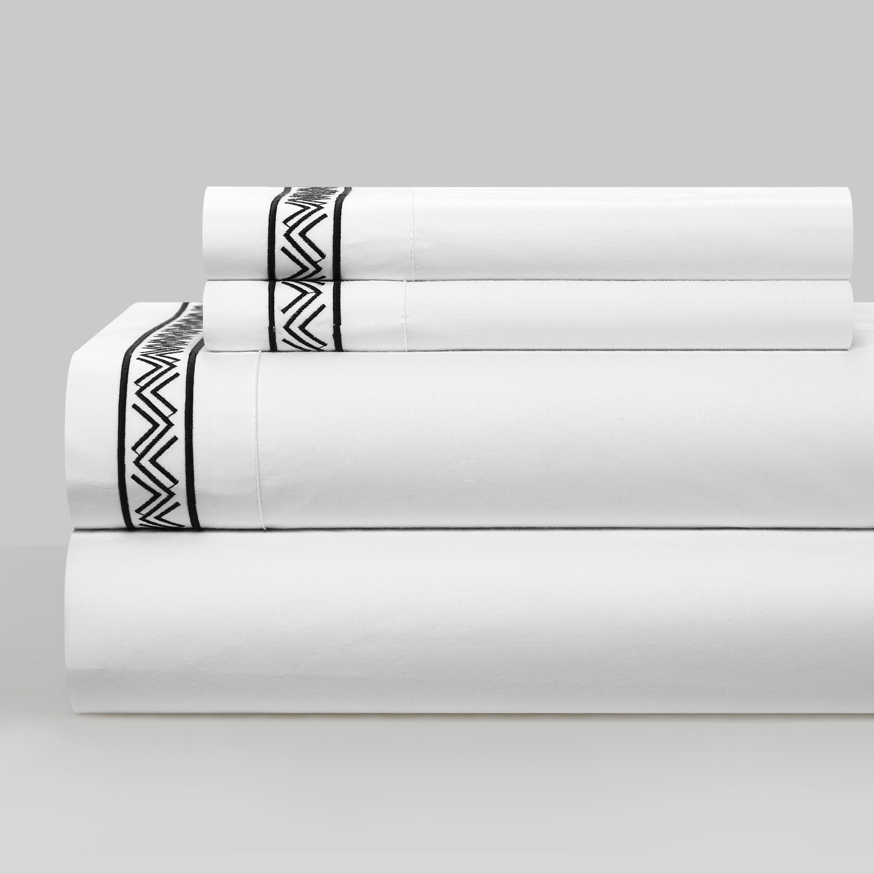 4 Piece Orden Organic Cotton Sheet Set Solid White With Dual Stripe Embroidery - Black, King