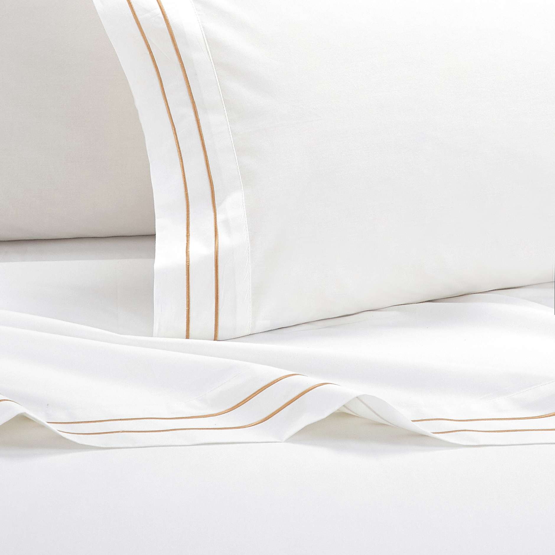 Balensia 4 Piece Organic Cotton Sheet Set Solid White With Dual Stripe Embroidery - Gold, King