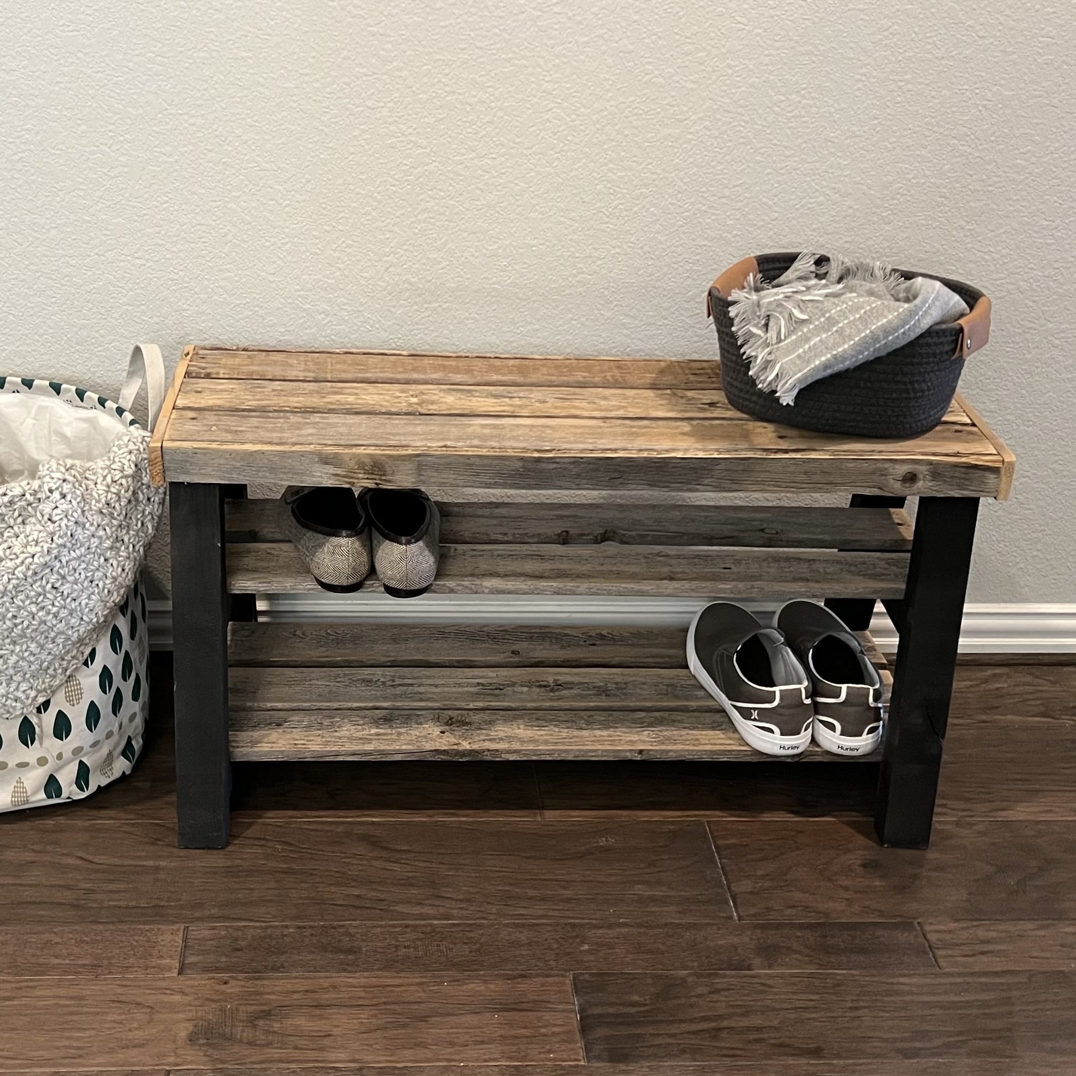 Reclaimed Wood Industrial Look Solid Black Pine Base Shoe Rack Storage Bench for Utility Room, Entry, Hallway