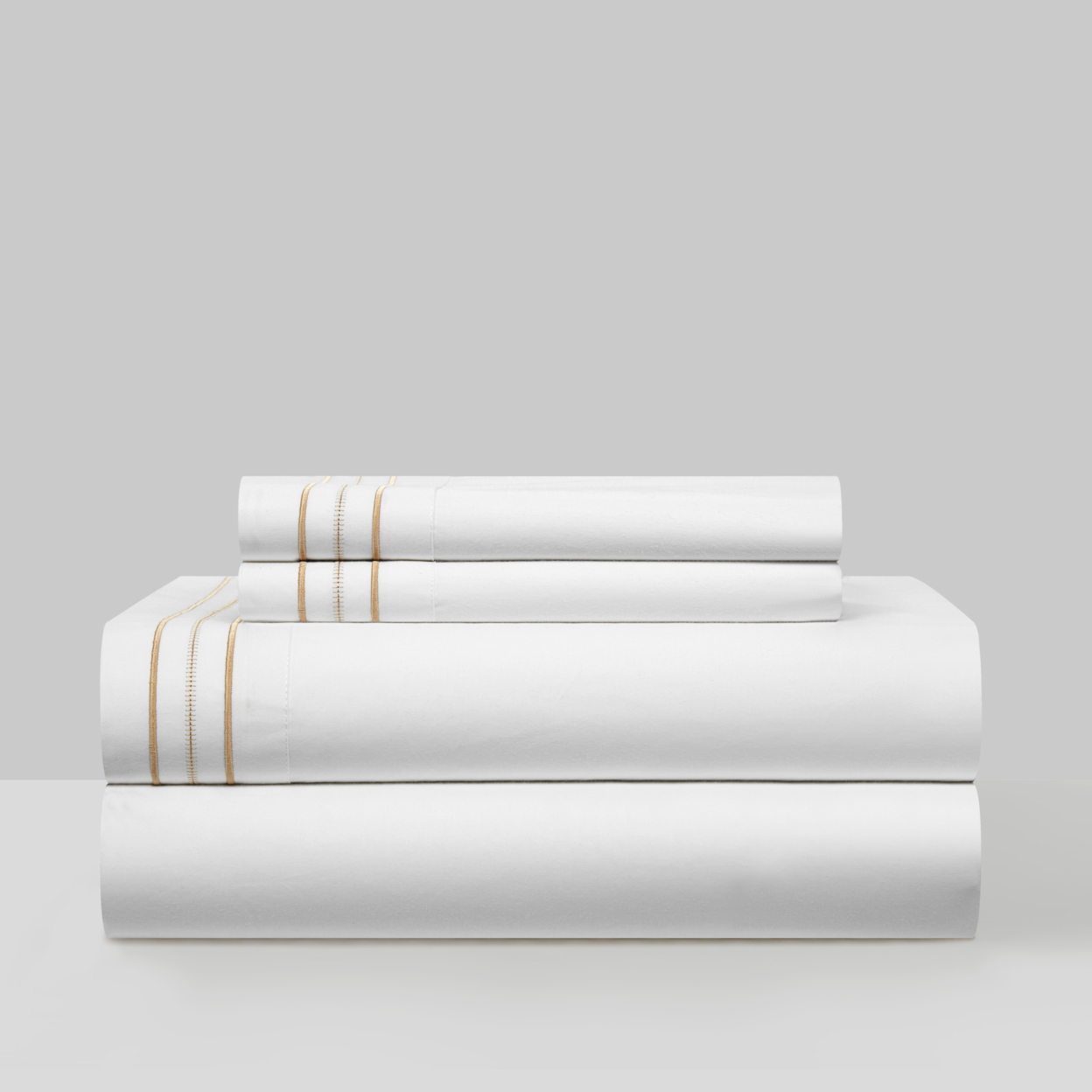 4 Piece Freeya Organic Cotton Sheet Set Solid White With Dual Stripe Embroidery - Gold, Queen