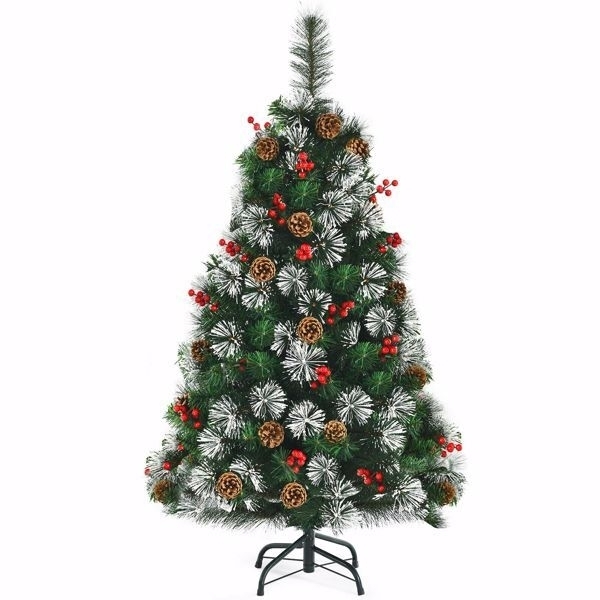 4ft Snowy Artificial Christmas Tree Pre-Decorated w Pine Cones and Red Berries