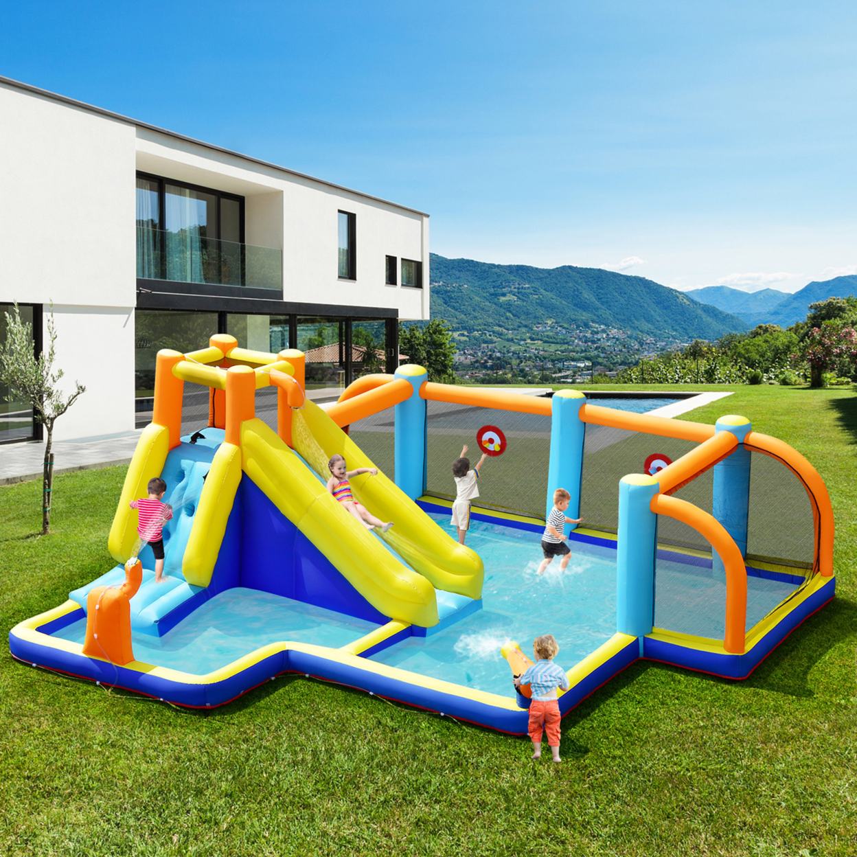 Inflatable Water Slide 7-in-1 Giant Kids Wet Dry Bounce House W/ 735W Blower