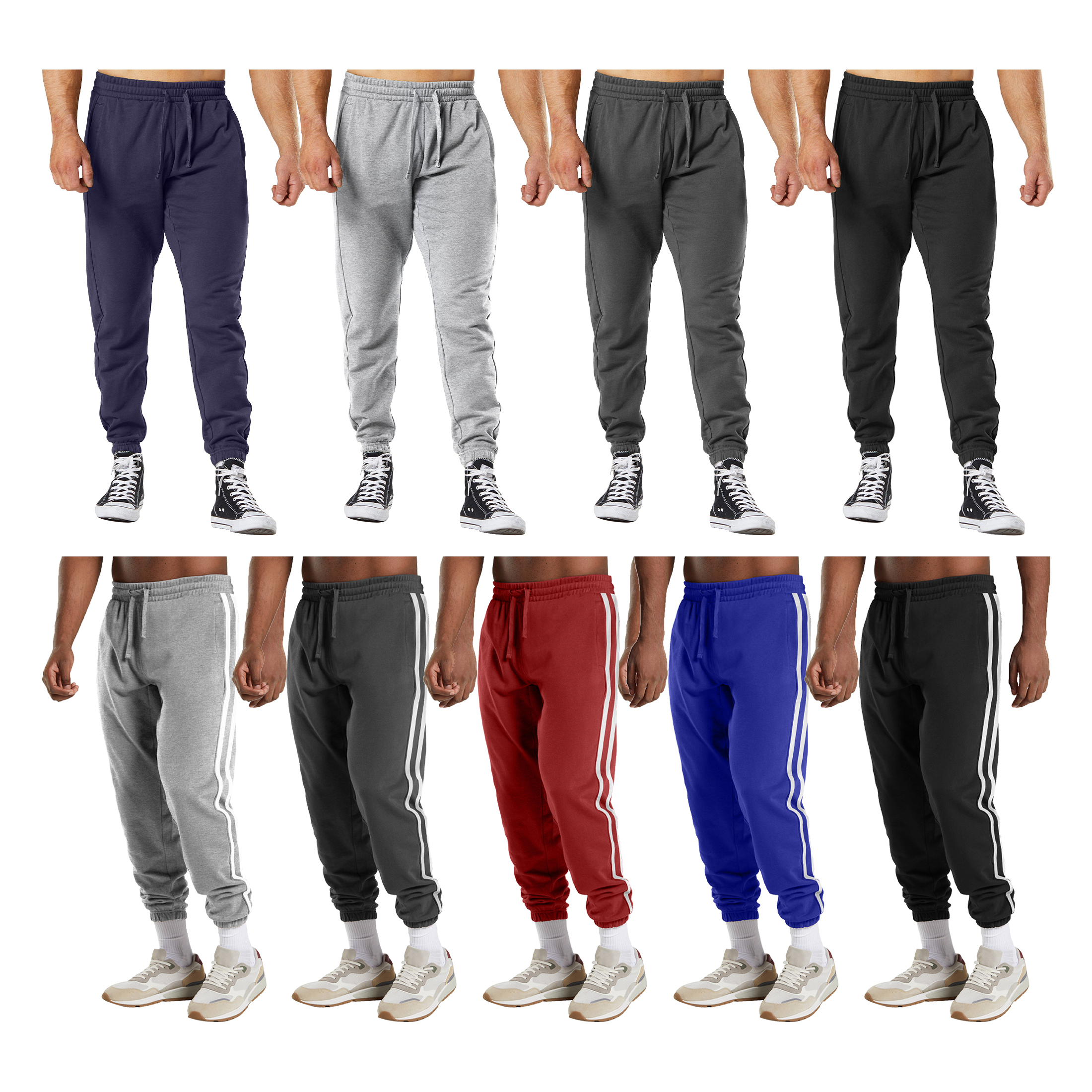 3-Pack: Men's Casual Fleece-Lined Elastic Bottom Sweatpants Jogger Pants With Pockets - Solid & Stripes, Medium