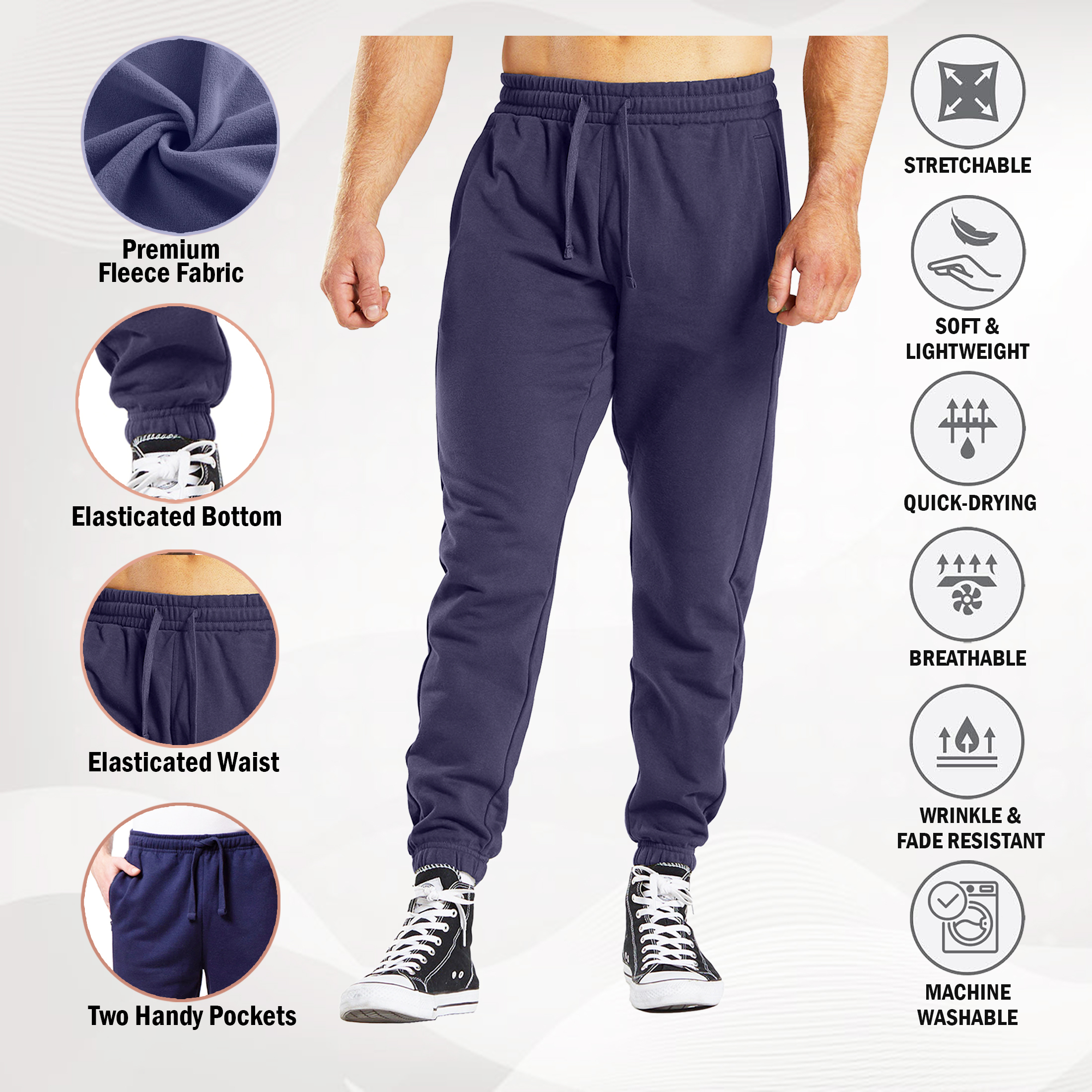 3-Pack: Men's Casual Fleece-Lined Elastic Bottom Sweatpants Jogger Pants With Pockets - Solid, Small