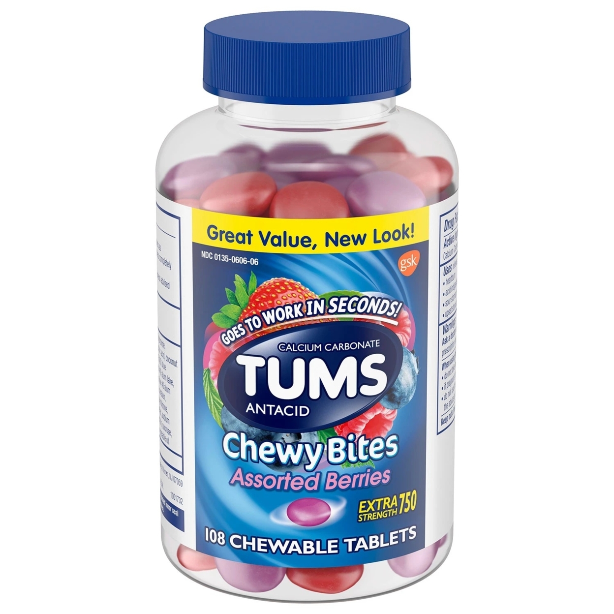 TUMS Chewy Bites Antacid Tablets For Heartburn Relief, Assorted Berries (108 Ct)