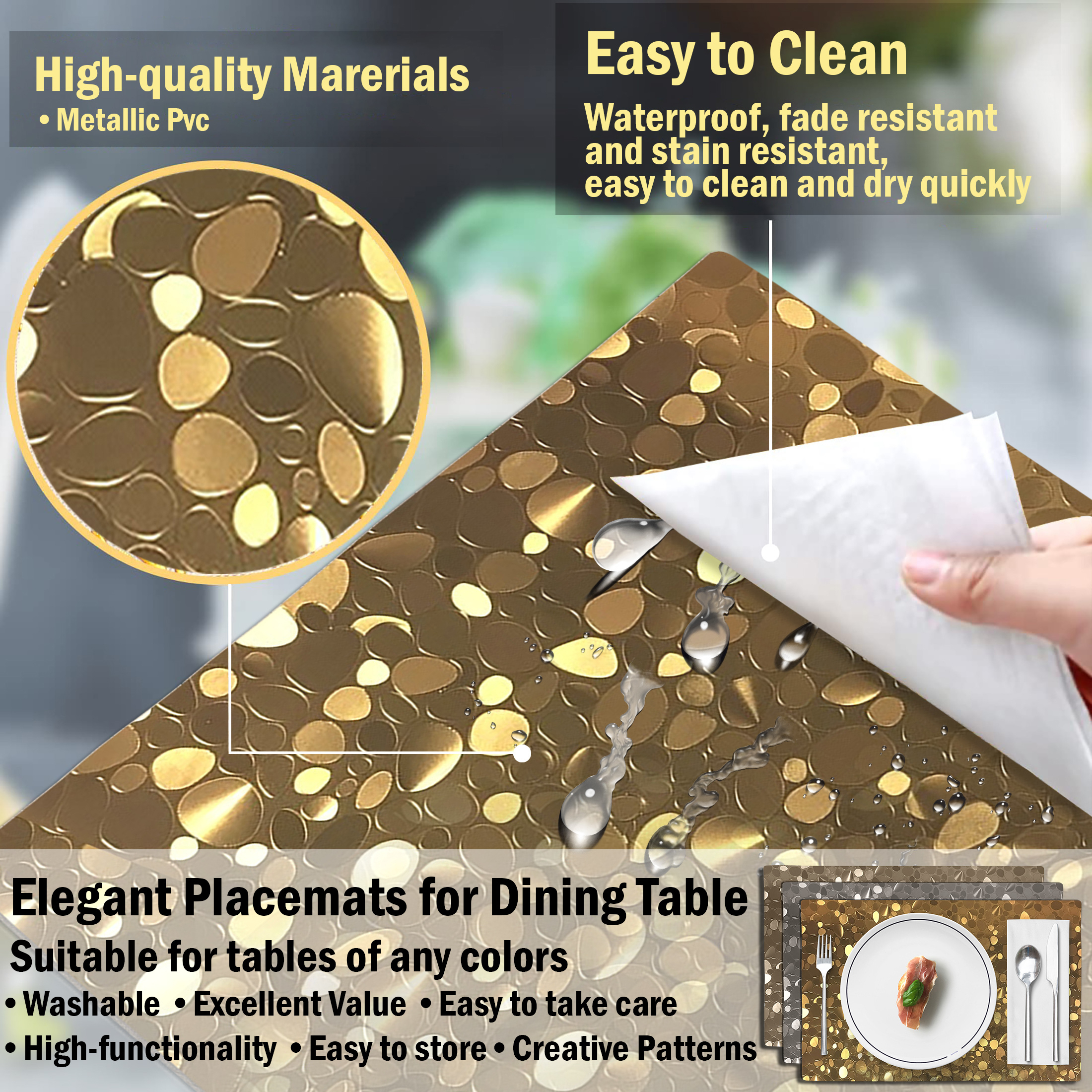 4-Pack: Non-Slip Heat Resistant Metallic Rectangular Place Mats For Dining Table 12 X 18 - Platinum