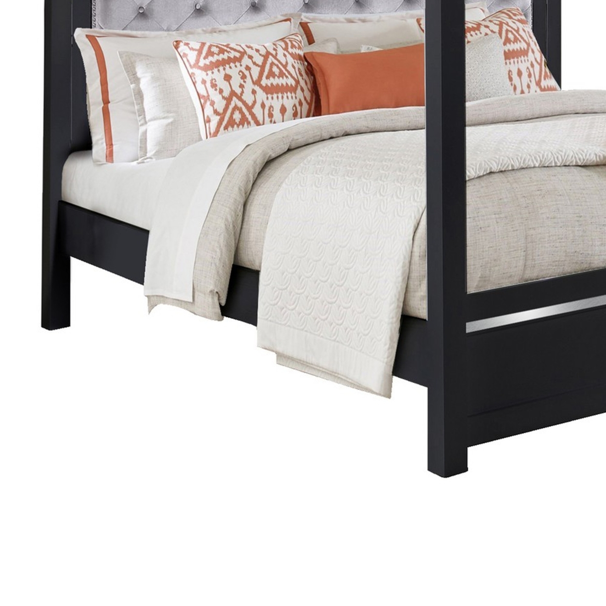 Abrie Solid Wood Canopy Queen Bed, Button Tufted, Touch LED, Dark Gray- Saltoro Sherpi