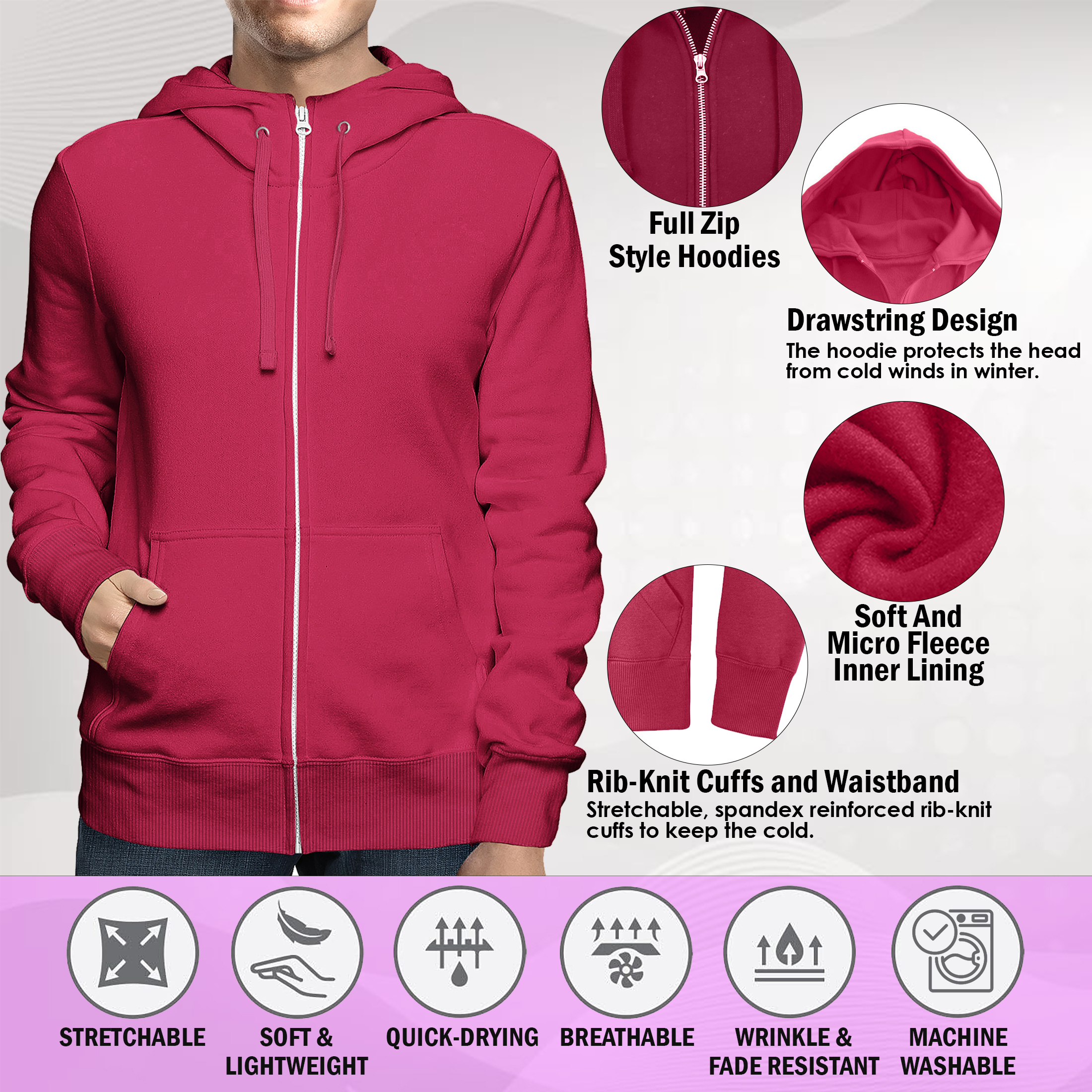 2-Pack: Men's Full Zip Up Fleece-Lined Hoodie Sweatshirt (Big & Tall Size Available) - Gray & Burgundy, Medium