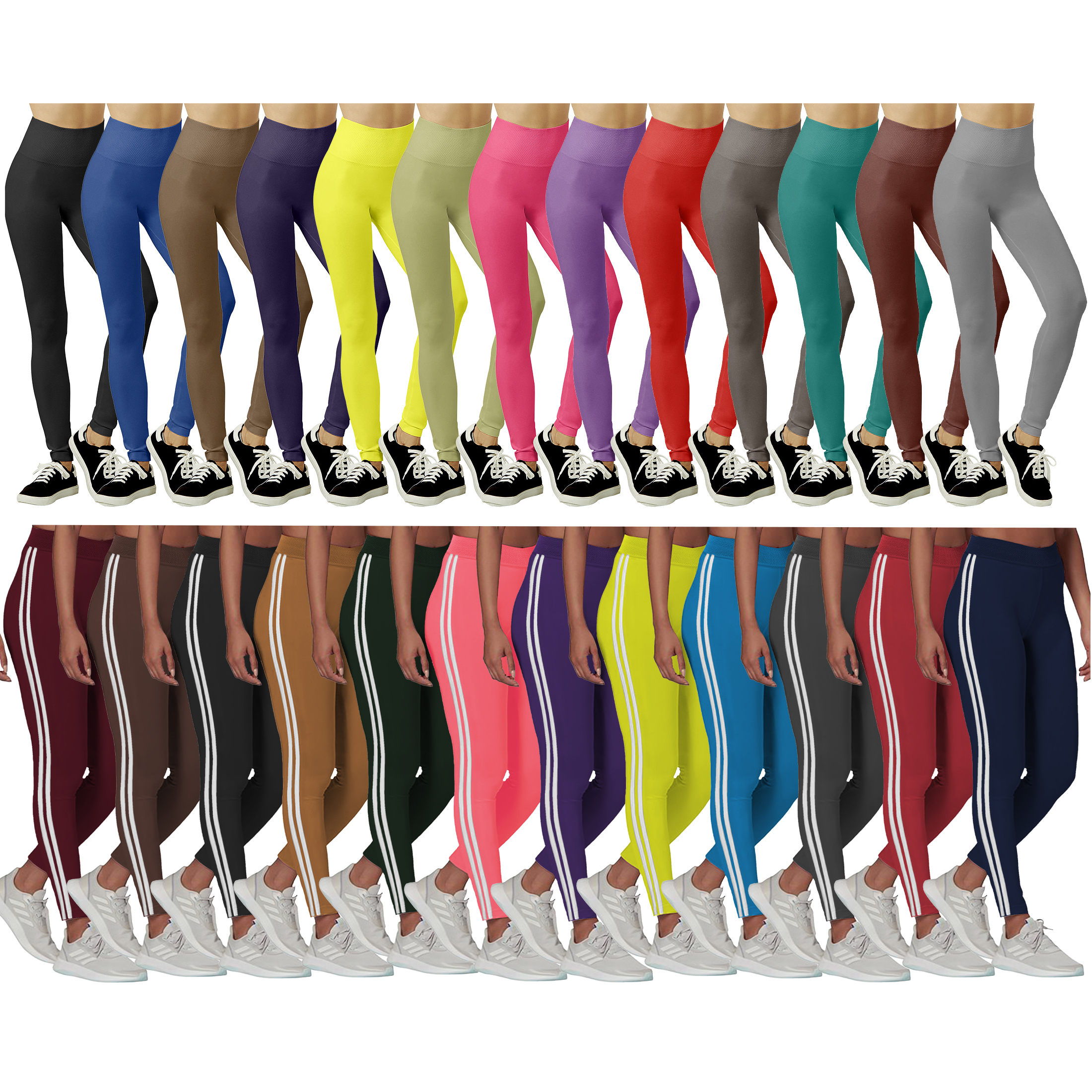 5-Pack Women's Fleece-Lined High Waisted Workout Yoga Leggings - Solid & Stripes, L/XL