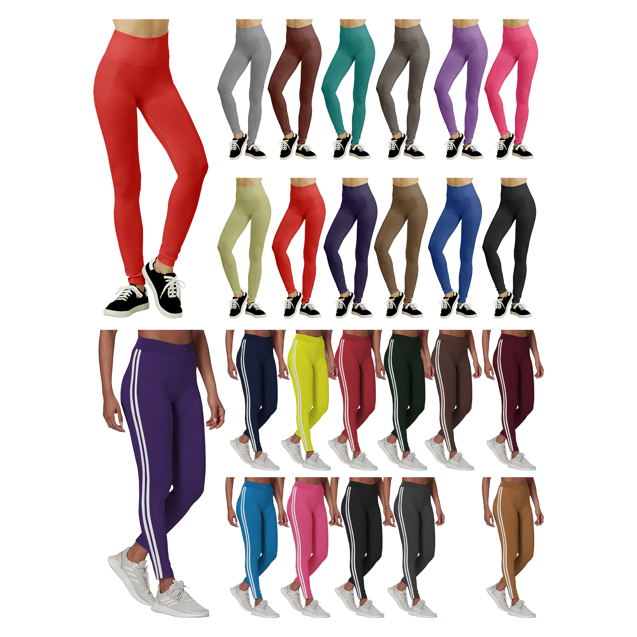 5-Pack Women's Fleece-Lined High Waisted Workout Yoga Leggings - Solid & Stripes, L/XL