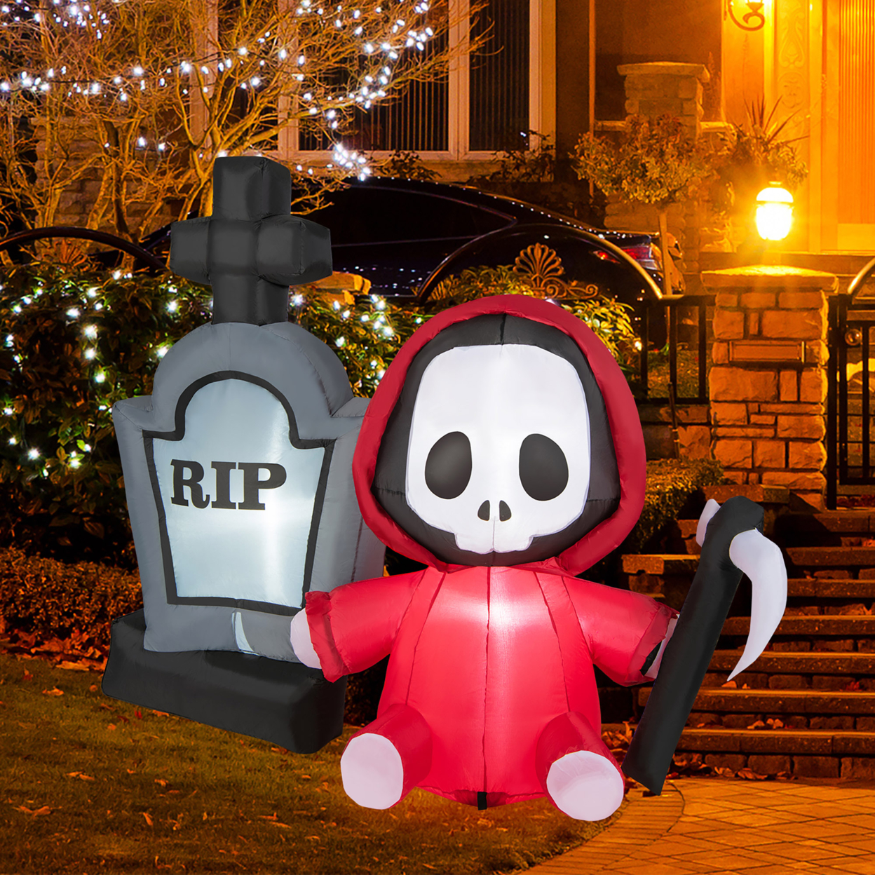5FT Halloween Inflatable Tombstone & Reaper Combo W/ LED & Waterproof Blower