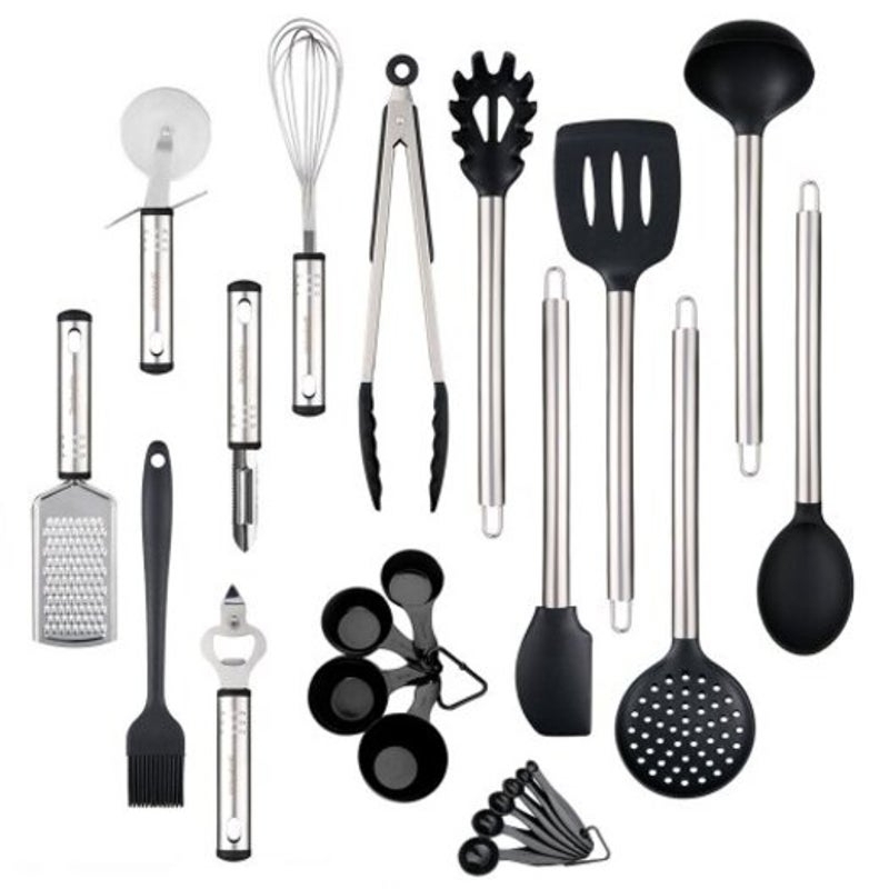 Kitchen Utensil Set Heat Resistant Silicone Heads Cooking Tools 23Pcs Black - Standard-Pack of 1