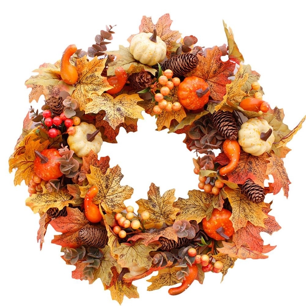 50cm Halloween Artificial Maple Leaf Pumpkin Door Decoration Thanksgiving Autumn Wreath - One Size-Pack of 1