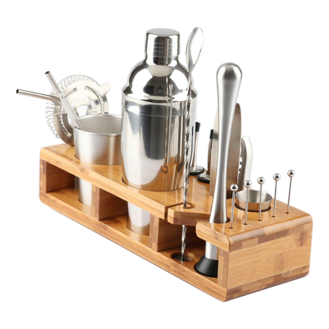 23Pcs Stainless Steel Cocktail Shaker Set Barware Kit With Wooden Rack - 550ml