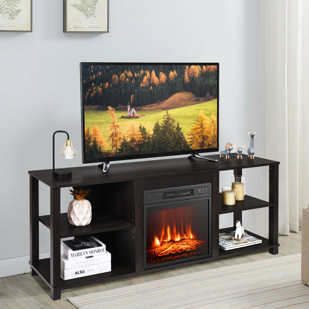 2-Tier TV Stand &Electric Fireplace Heater Storage Cabinet Console For 65 TV