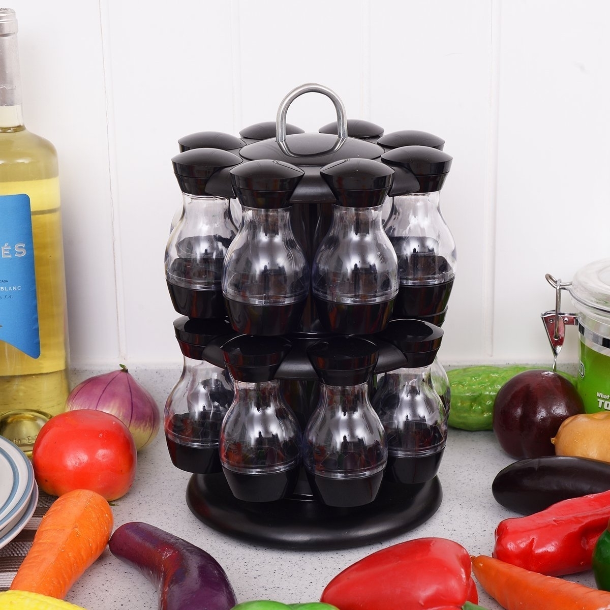 16 Jar Black Rotating Spice Rack Carousel Kitchen Condiments Storage Holder - Black, Pack of 1